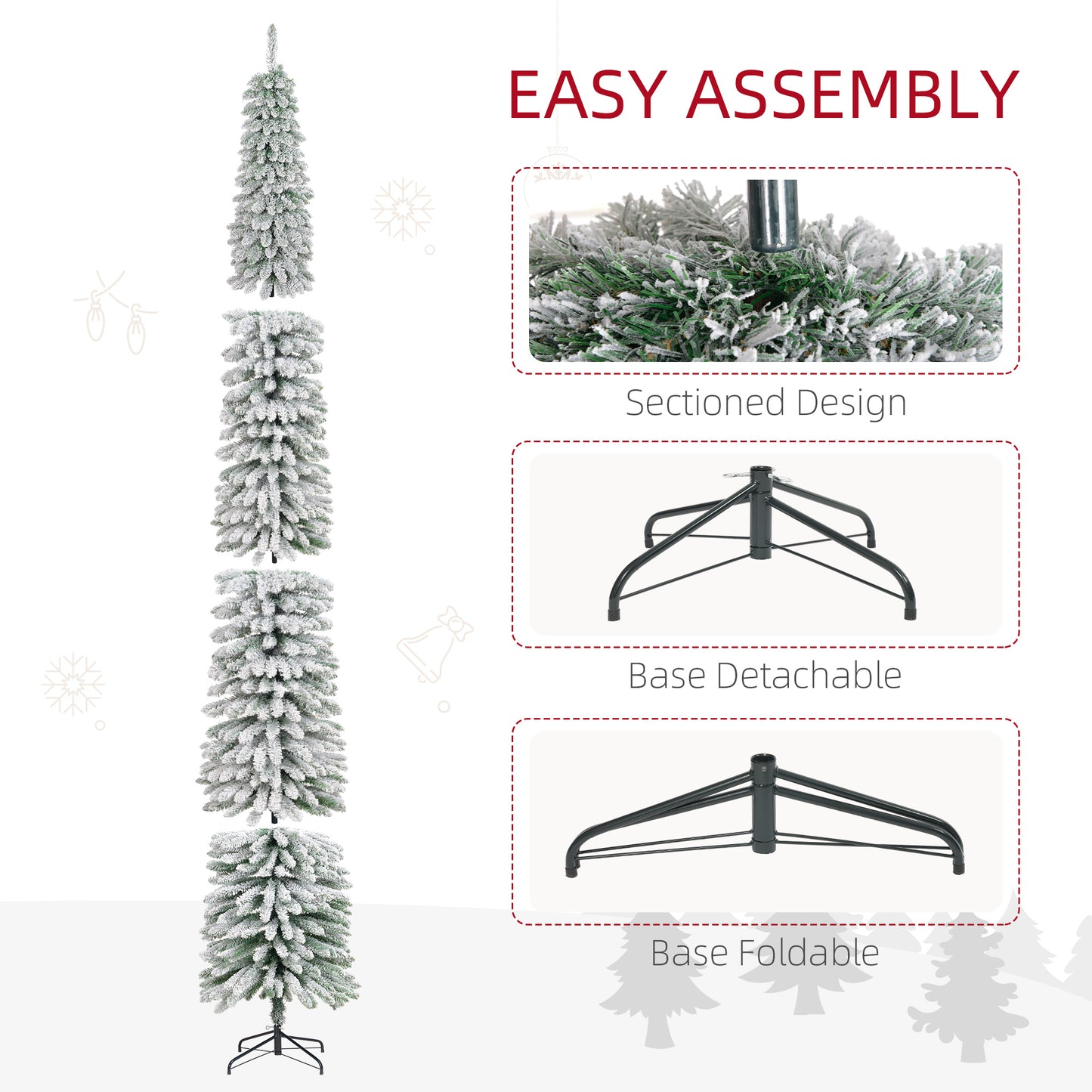 HOMCOM 6 Ft Snow-Flocked Artificial Christmas Tree, Slim Pencil Xmas Tree with Realistic Branches, Metal Base, Green