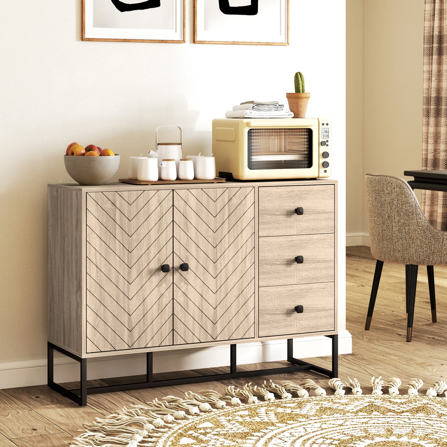 HOMCOM Modern Sideboard, 42.5" Buffet Cabinet with Adjustable Shelves and 3 Drawers, Coffee Bar Cabinet with 2 Doors, Oak