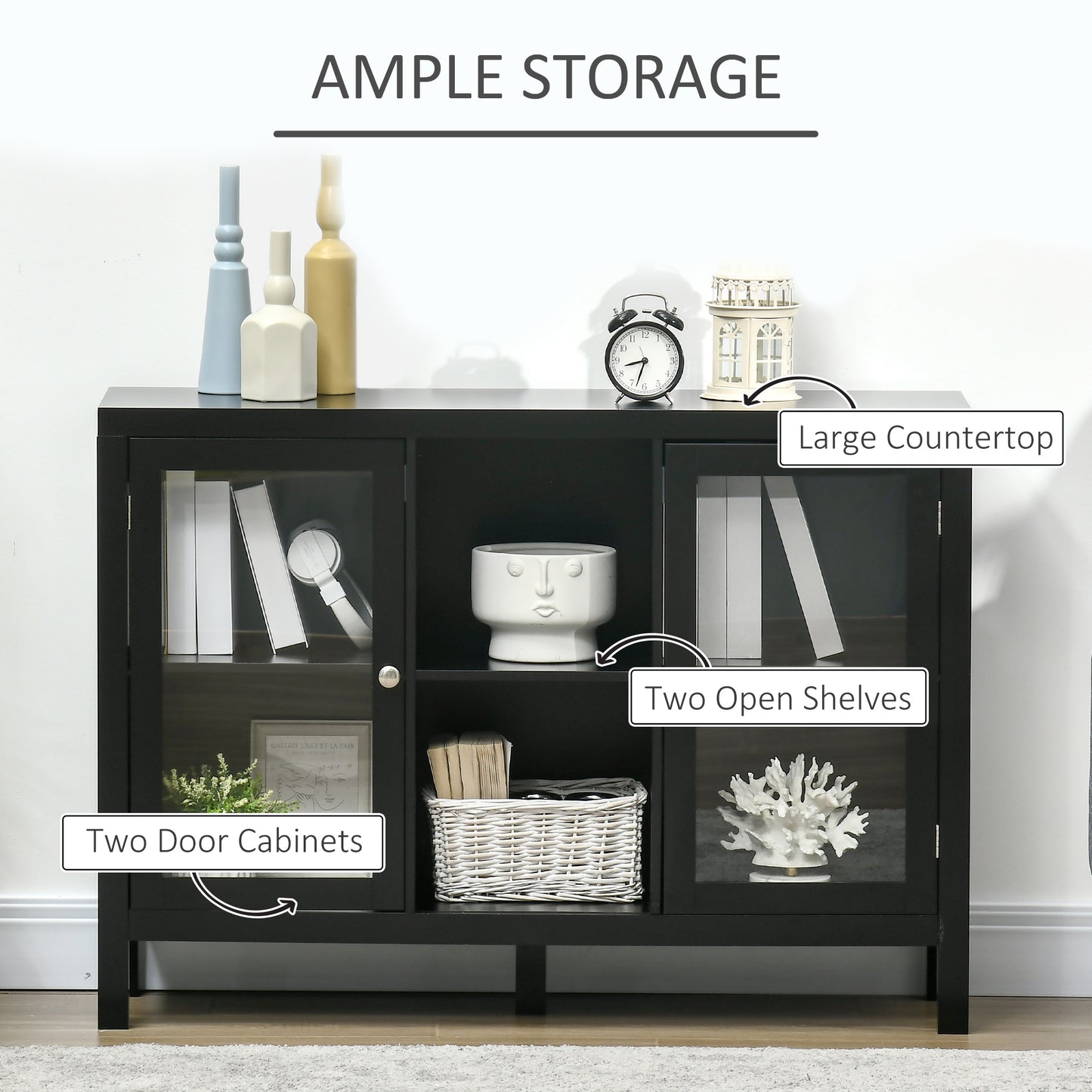 HOMCOM 30.25" Modern Kitchen Sideboard, Buffet Cabinet with Removable Wine Rack, Tempered Glass Door Cabinet and Adjustable Shelves for Living Room, Kitchen, Entryway, Black