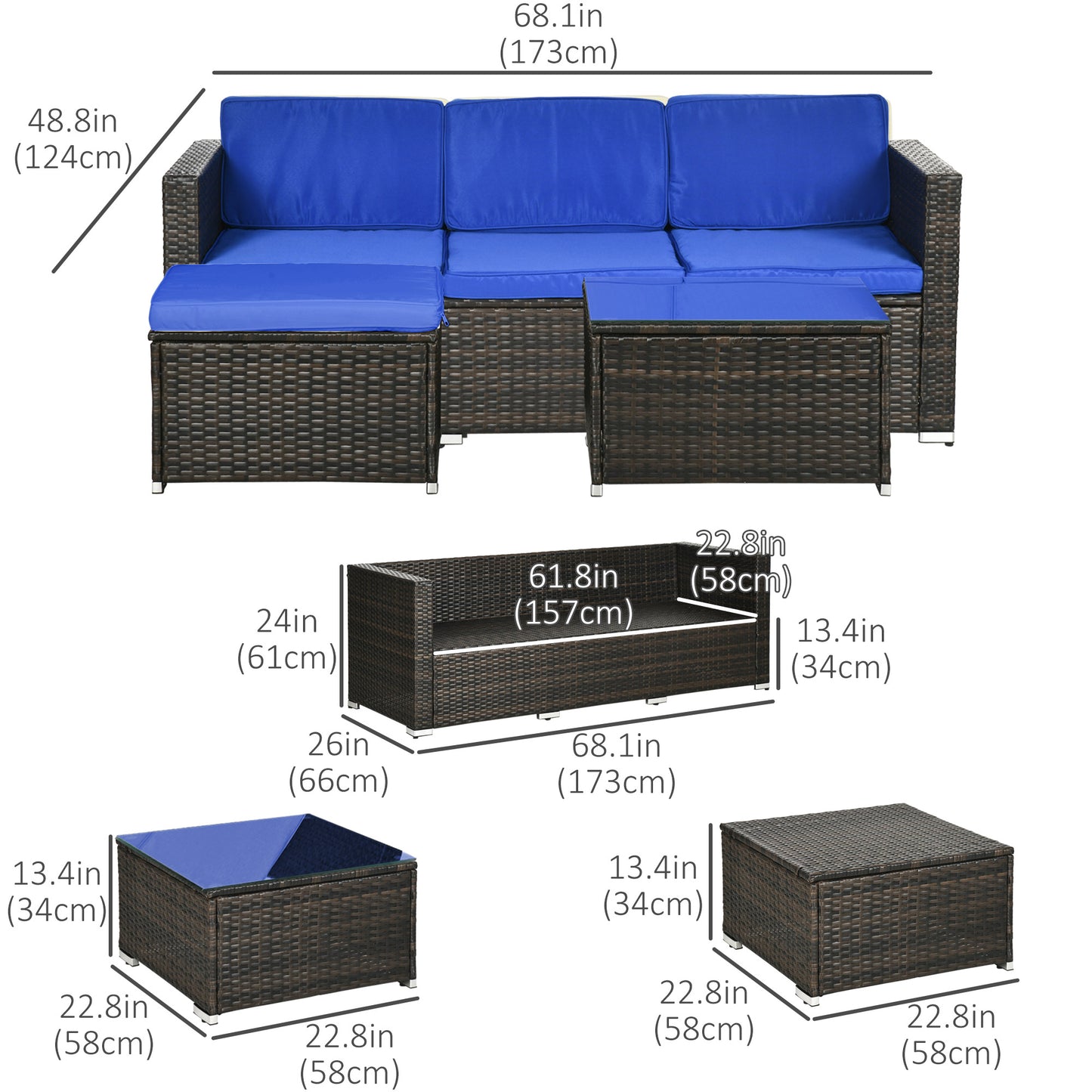 Outsunny 3 Pieces Patio Furniture Set with Cushions, Outdoor PE Rattan Wicker Conversation Corner Sofa Set with Glass Top Table and Adjustable Foot for Garden, Lawn, Cream White
