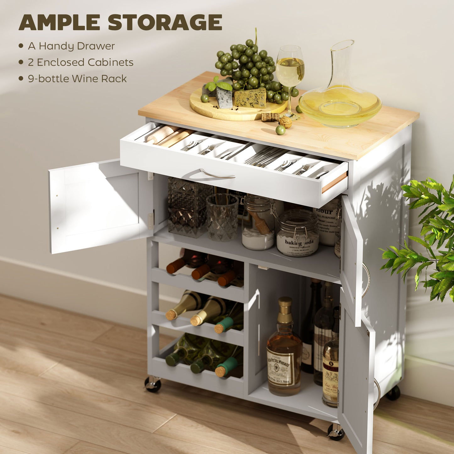 HOMCOM Rolling Kitchen Cart, Kitchen Island with Storage Drawer, 9-bottle Wine Rack, Door Cabinets, Wooden Countertop, White