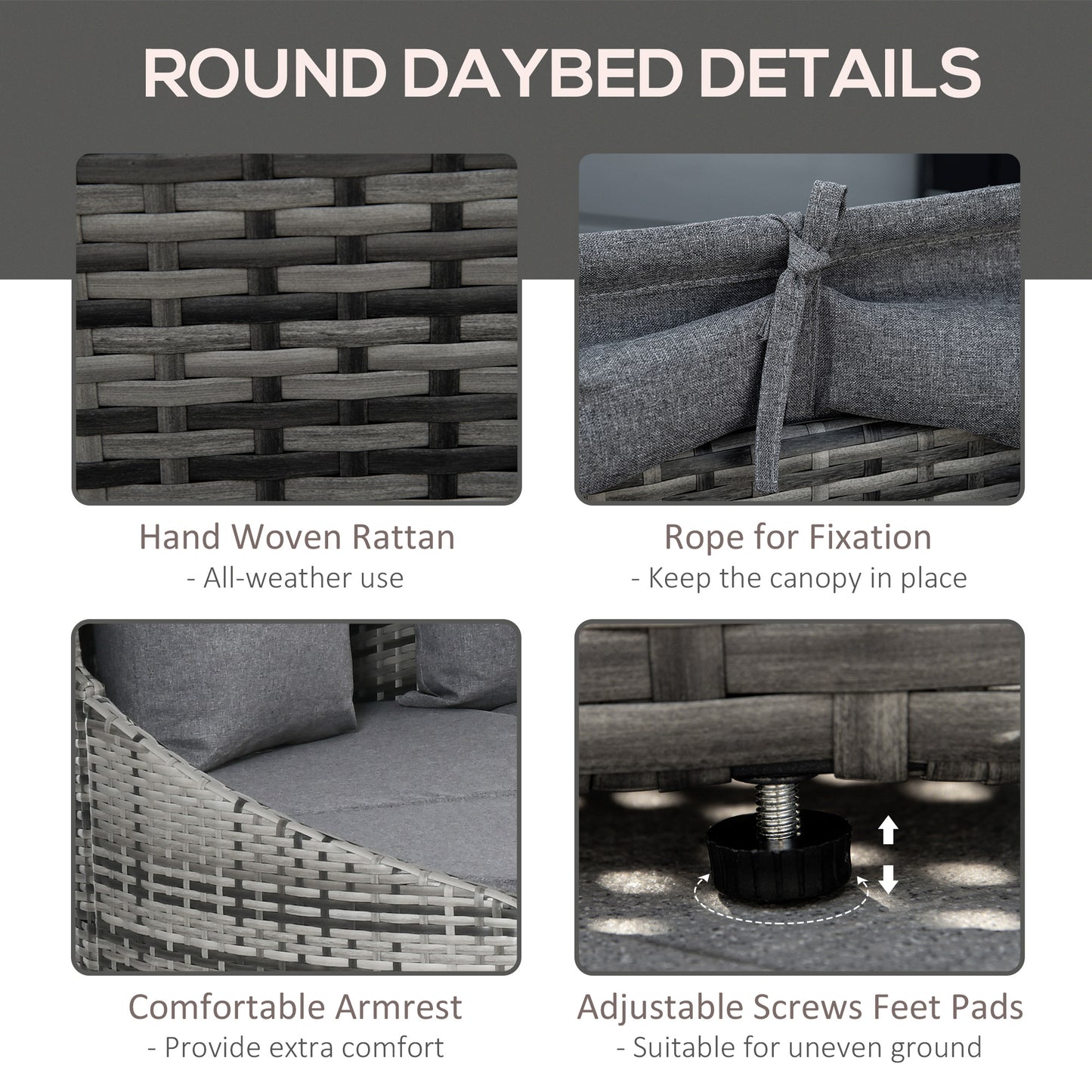 Outsunny 4 Pieces Patio PE Wicker Round Daybed, Outdoor Rattan Garden Lounge Furniture Sets, Grey