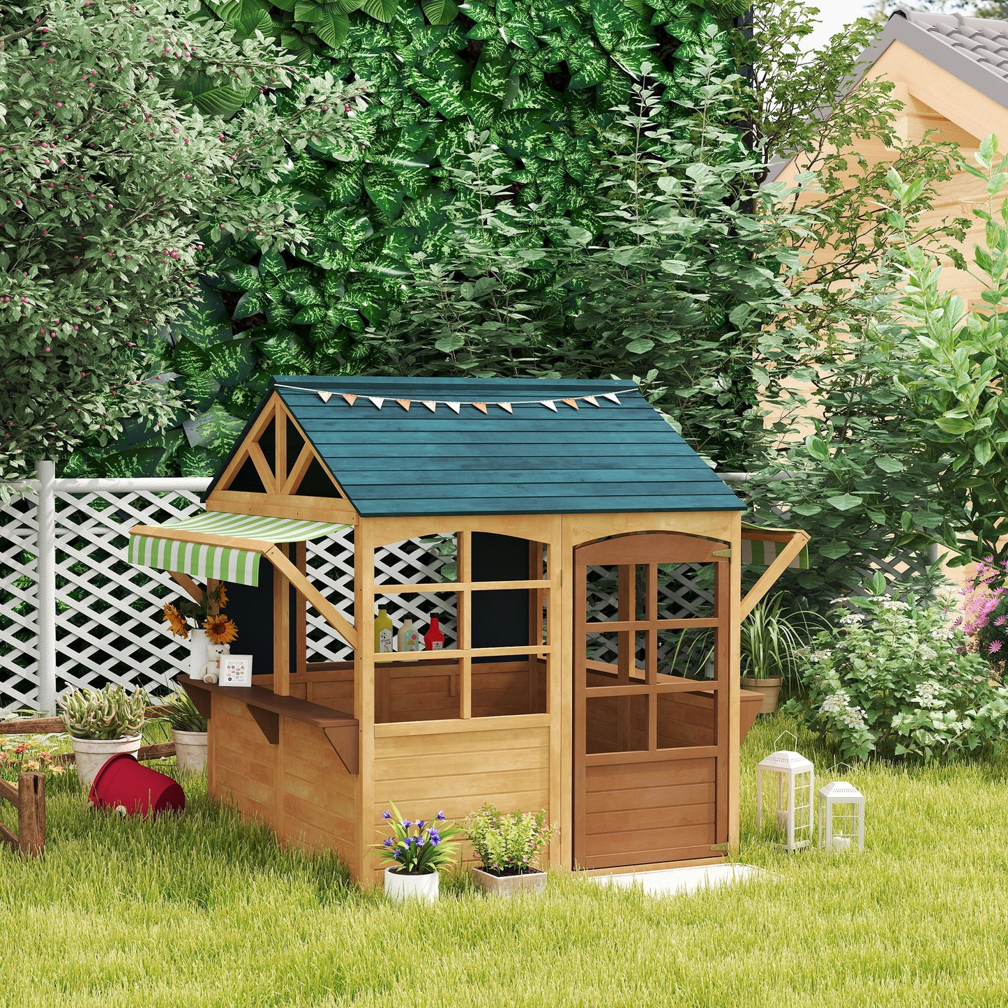 Qaba Wooden Foldable Outdoor Playhouse for Kids Ages 3-8, Snack Bars, Working Door, Rain Covers, Blackboards, Brown