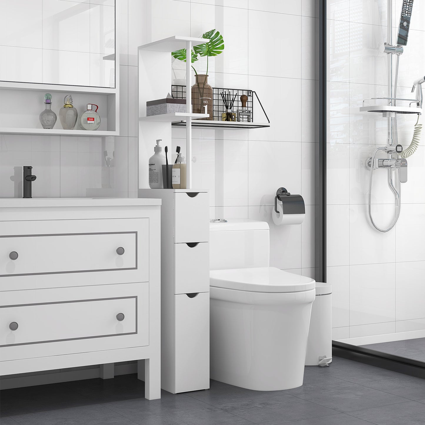 HOMCOM Tall Bathroom Storage Cabinet, Narrow Bathroom Cabinet with Drawers and Open Shelves for Small Spaces, White and Grey