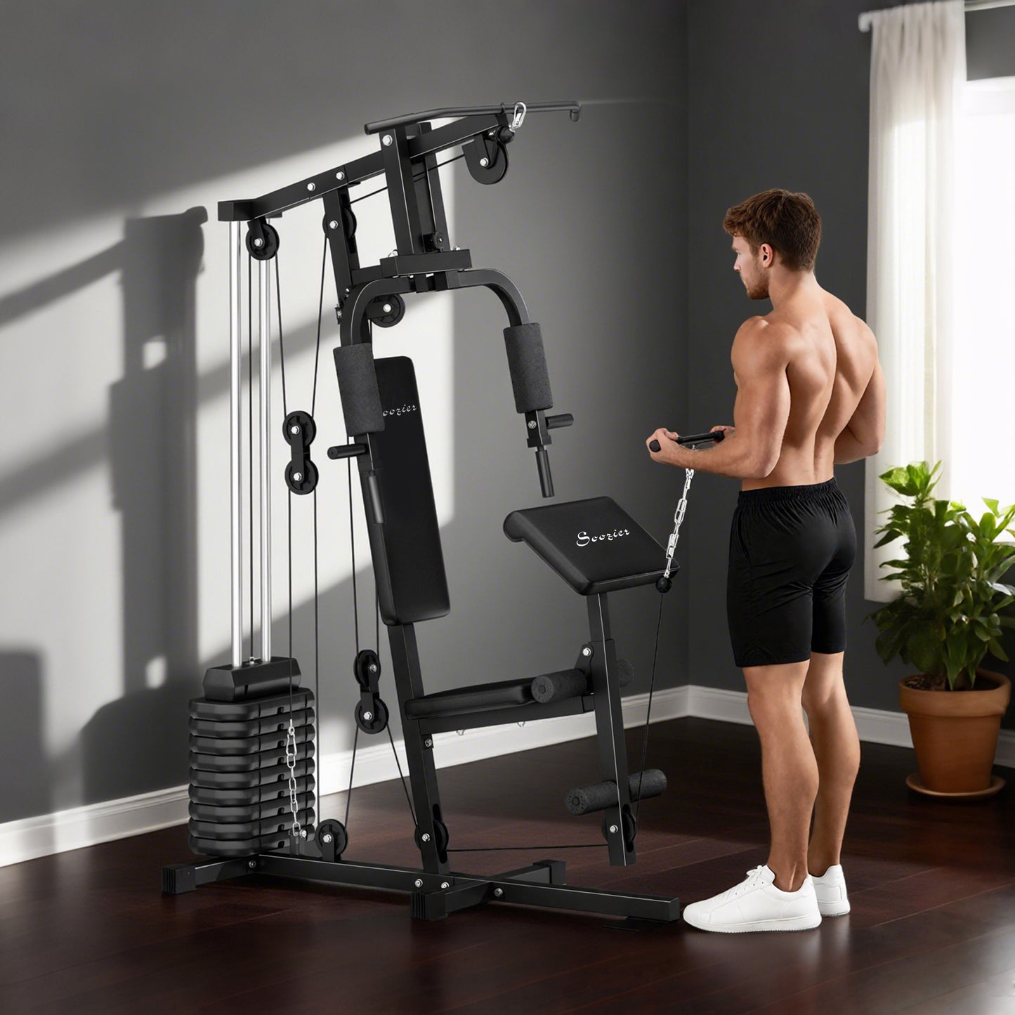 Soozier Multi-Exercise Home Gym Station with 99lbs Weight Stack, for Full Body Workout
