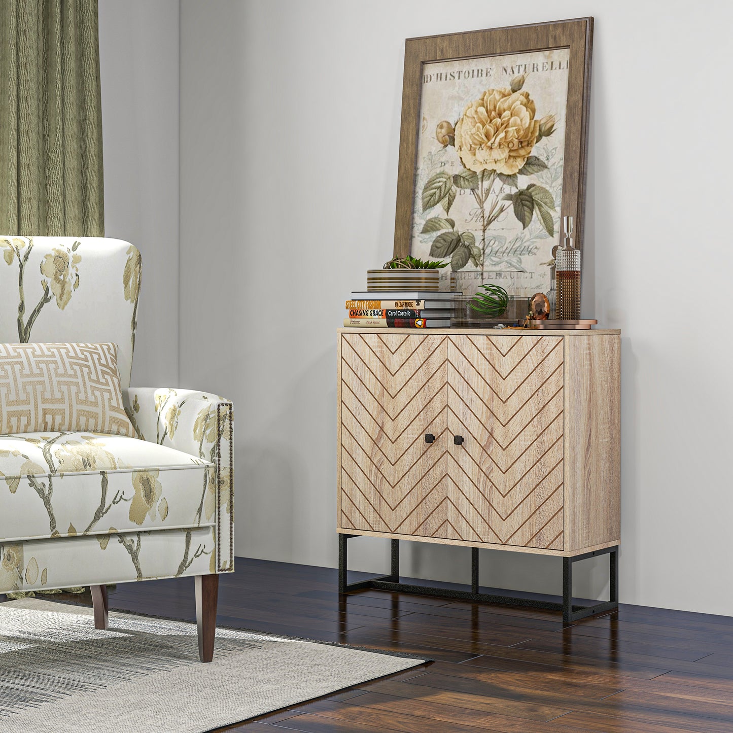 HOMCOM Modern Sideboard, Buffet Cabinet with 2 Chevron Doors and Adjustable Shelf, Kitchen Storage Cabinet with Steel Base, Coffee Bar Cabinet, 31.5" H, Oak