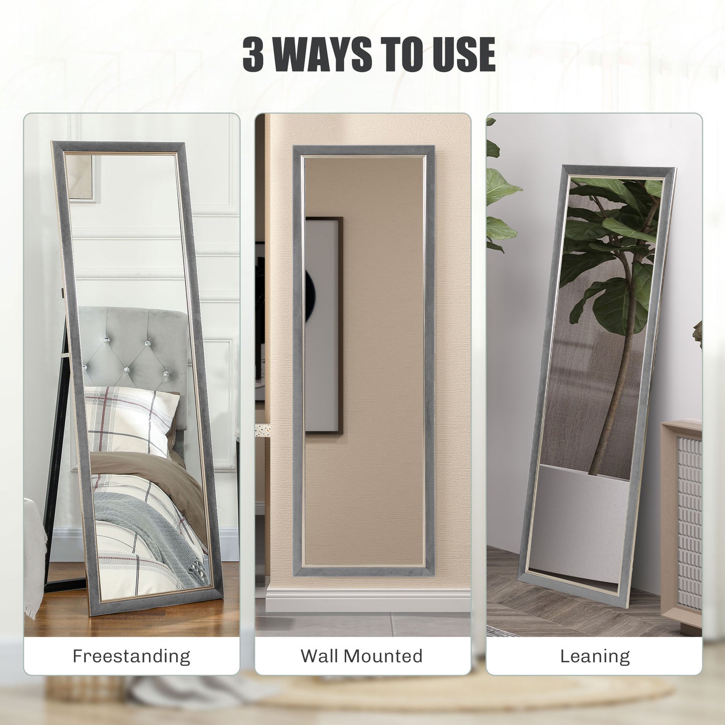 HOMCOM Floor Standing Mirror, Full Body Mirror, Free Standing, Leaning or Wall Mirror with Frame for Bedroom, Grey