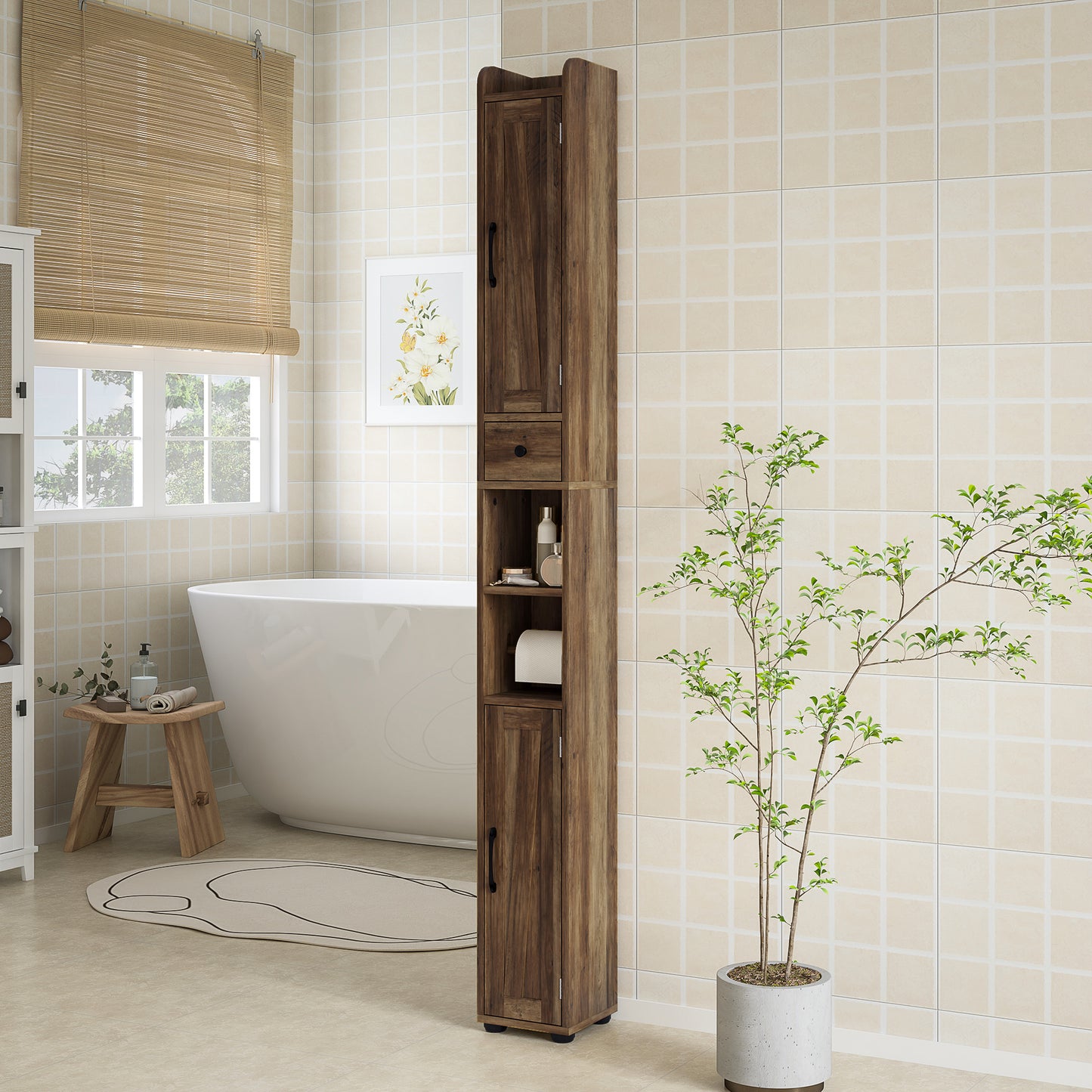 HOMCOM Narrow Bathroom Cabinet, Tall Bathroom Storage Cabinet with Barn Doors, Drawer and Adjustable Shelves, Brown Wood Grain