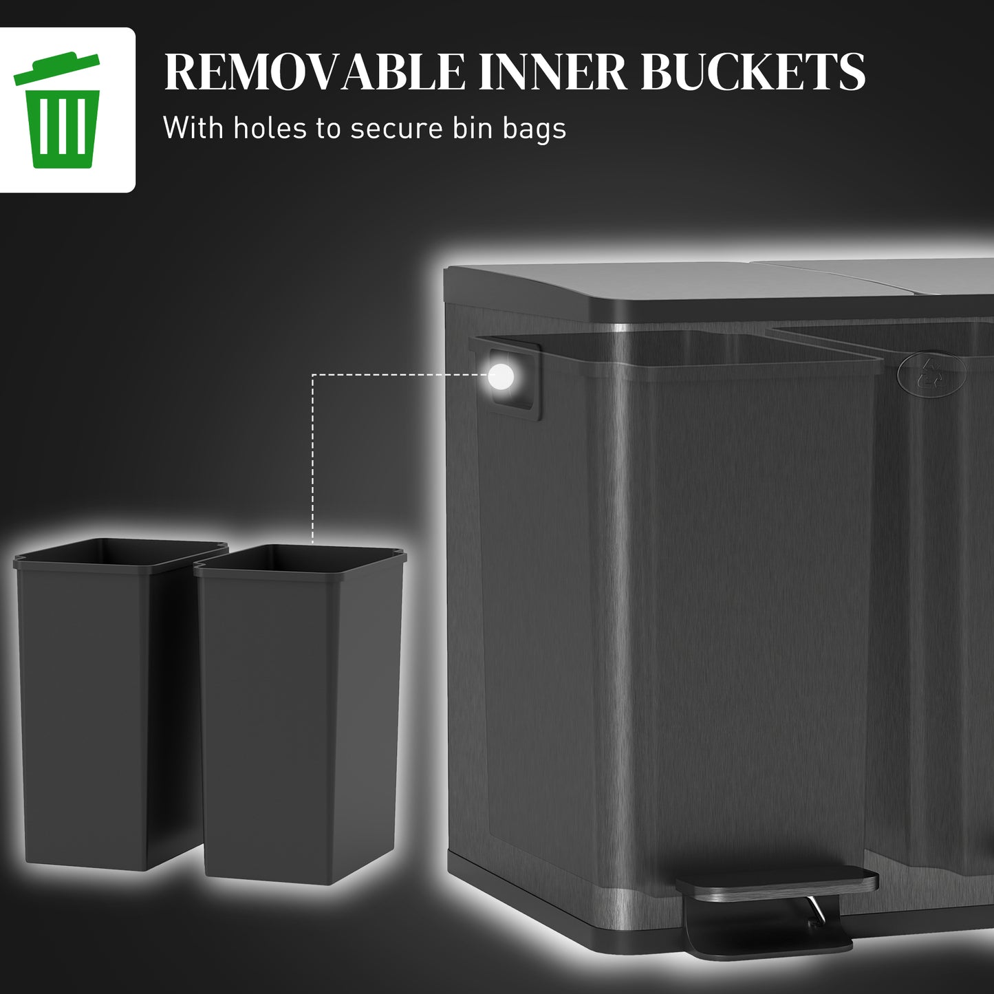 HOMCOM Dual Garbage Bin, Soft-Close Trash Can with Foot Pedal, 2 x 20 Liter Garbage Can with Removable Inner Buckets, Black
