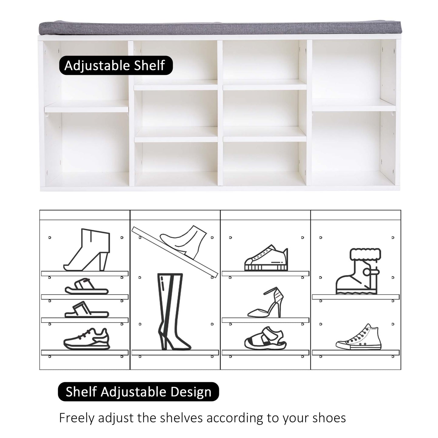 HOMCOM Shoe Bench with Storage, Upholstered Entryway Bench with Adjustable Shelves, Cushion for Living Room, Hallway, White