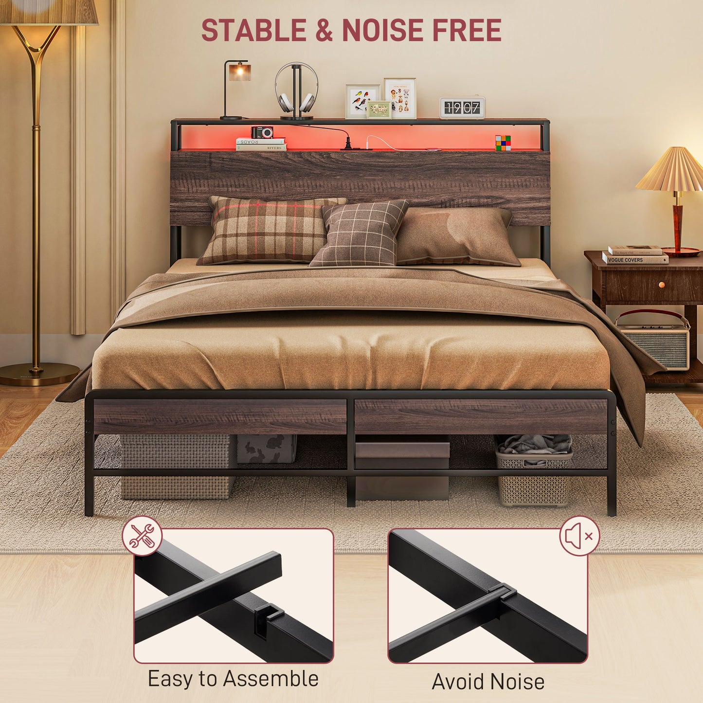 HOMCOM Queen Size Bed Frame with LED Lights and Charging Station, Queen Bed Frame with Storage Headboard, Noise-Free, Walnut