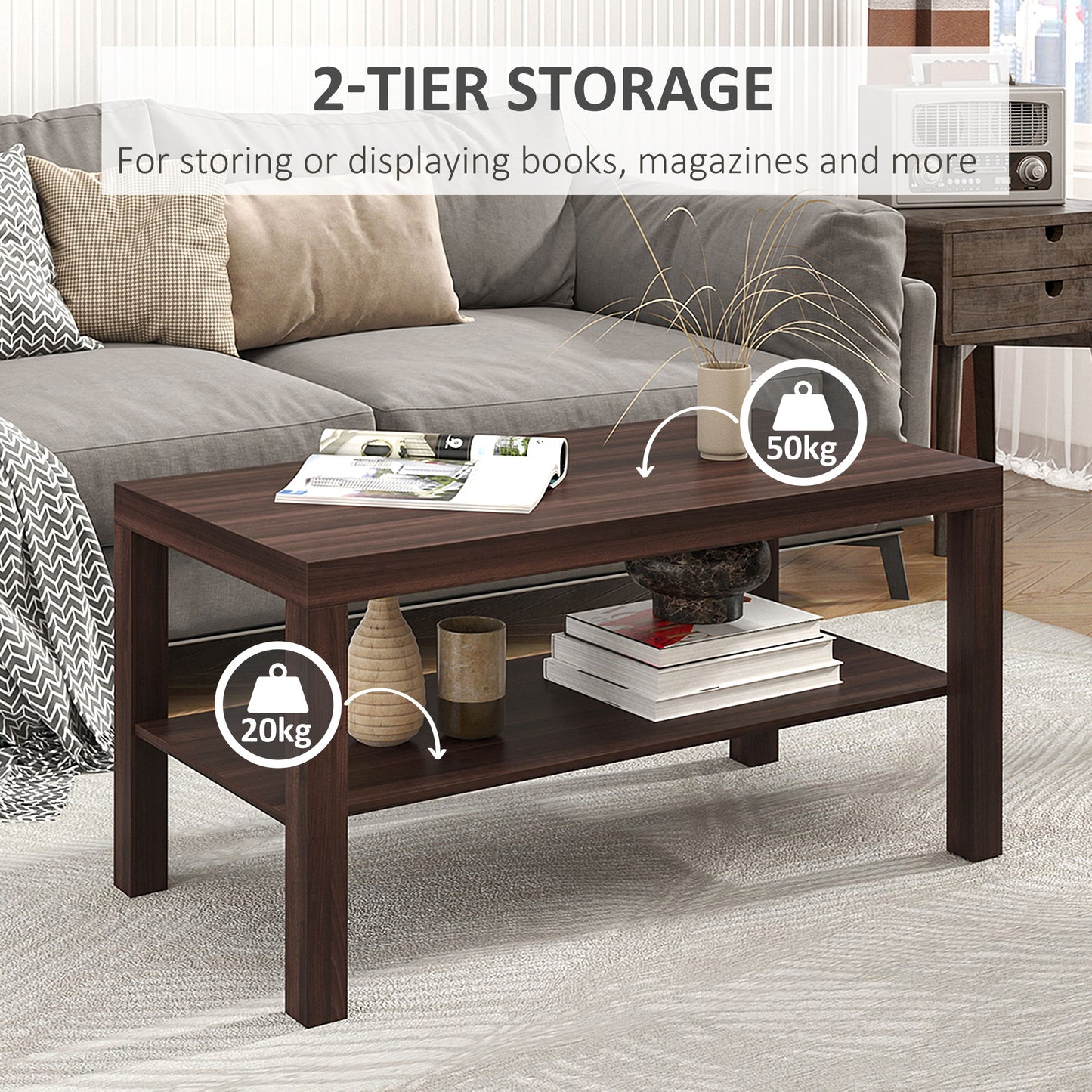 HOMCOM 2 Tier Coffee Table with Storage Shelf, Rectangular Center Table for Living Room, Home Office Furniture Walnut
