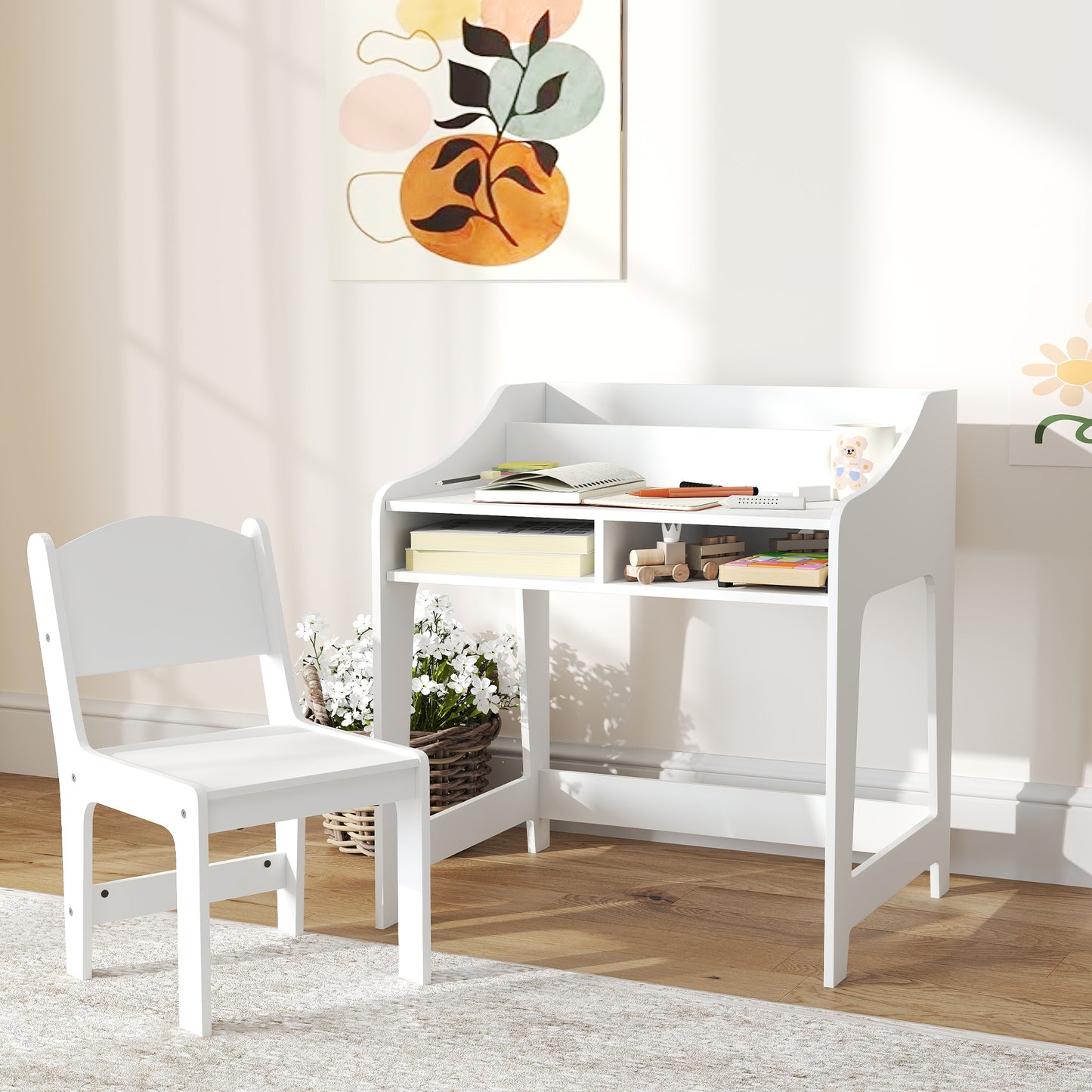 Qaba Kids Desk and Chair Set with Storage, Shelves for Bedroom, 3-8 Years Old, White