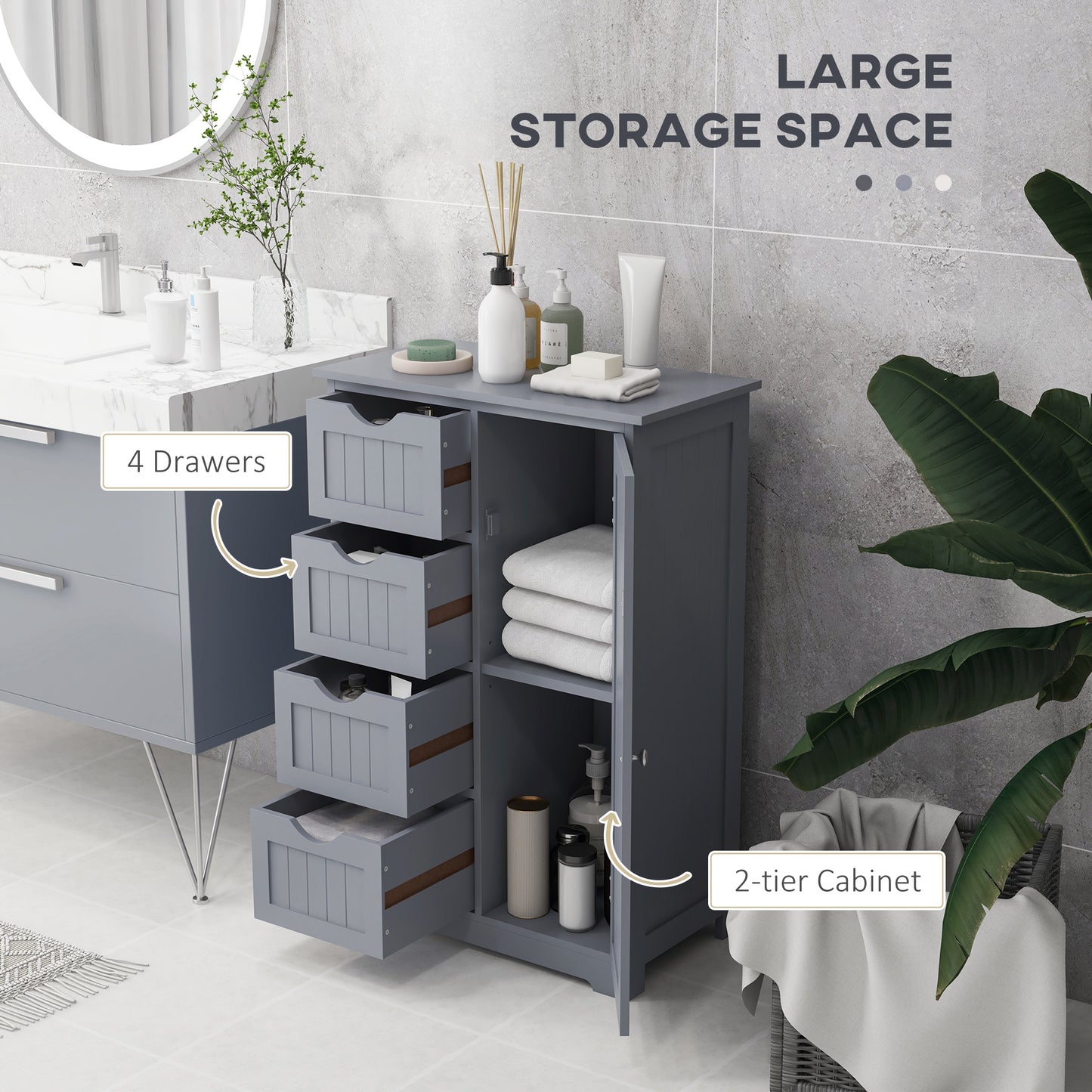 kleankin Bathroom Storage Cabinet, Floor Cabinet with Adjustable Shelf and 4 Drawers, Side Cabinet for Washroom, White