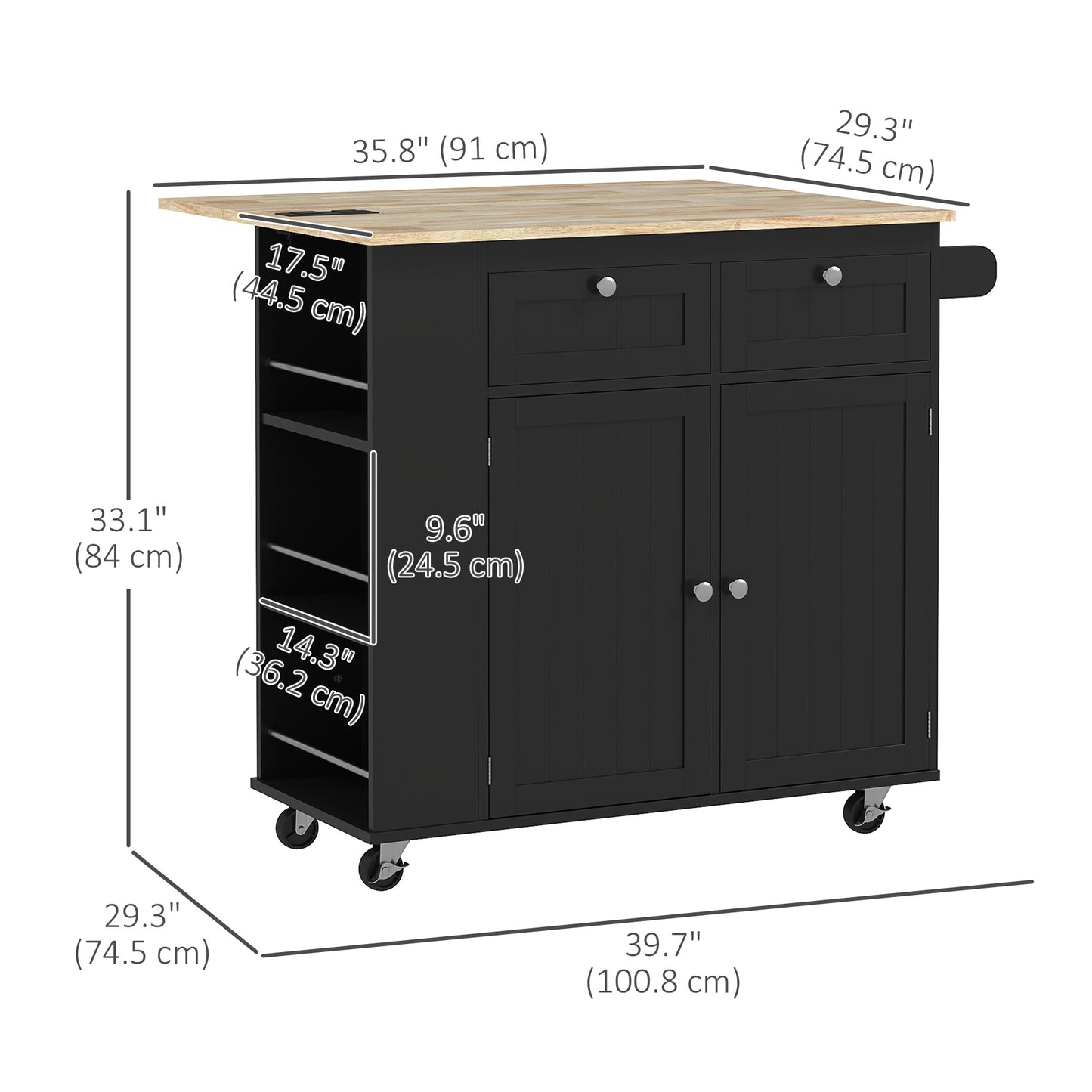 HOMCOM Kitchen Island with Power Outlet and Drop Leaf, Rolling Kitchen Cart with 2 Drawers and Adjustable Shelves, White