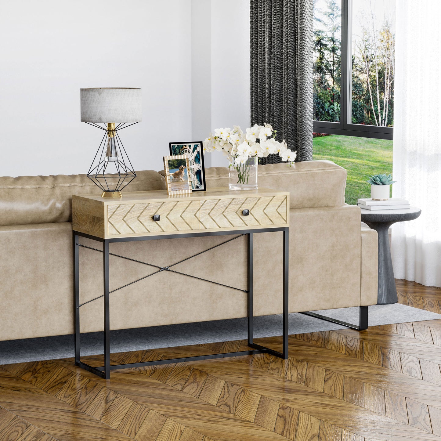 HOMCOM 36" Console Table with 2 Storage Drawers, Narrow Entryway Table with Metal Frame and Back X-Bar for Behind Couch, Living Room, Study Room, Office