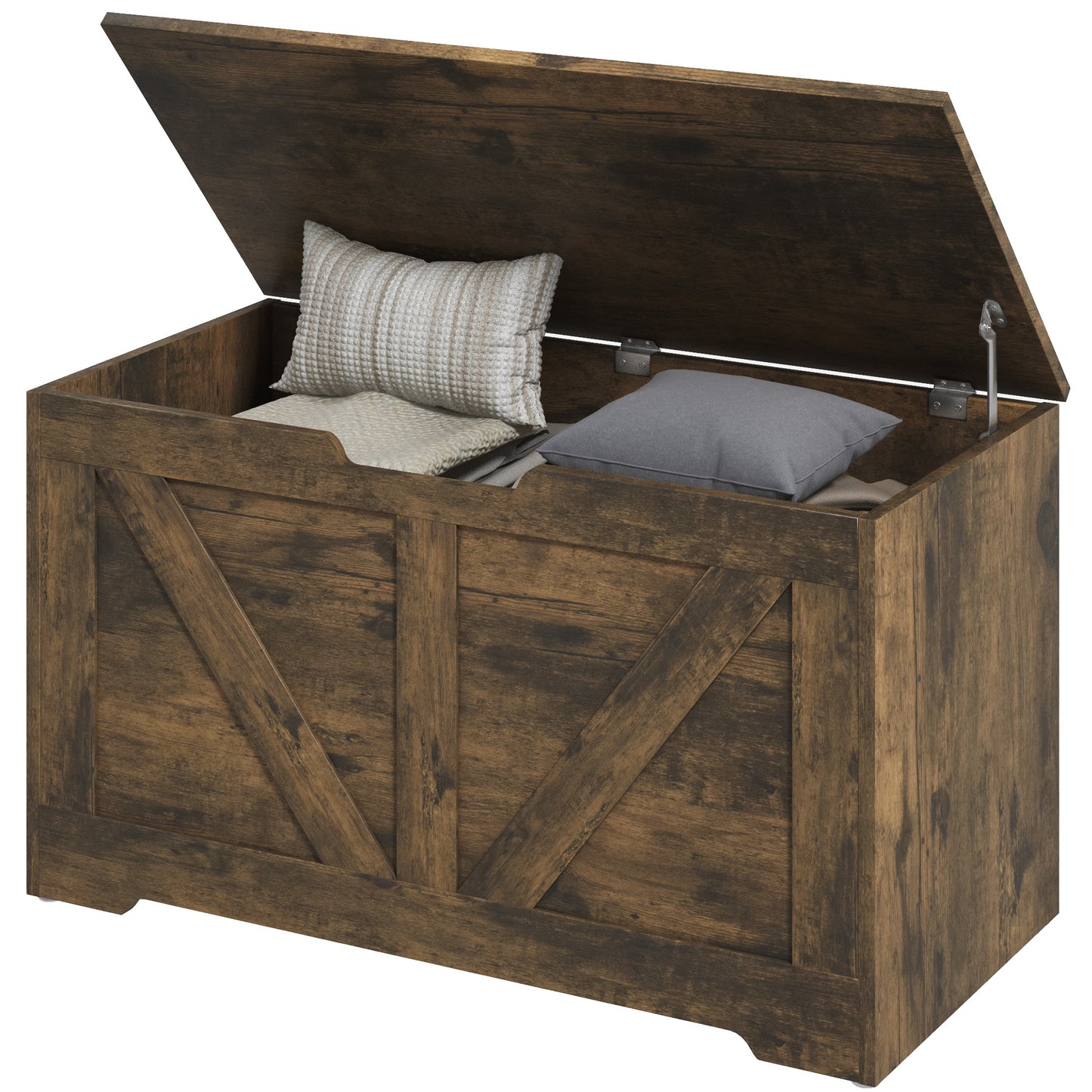 HOMCOM 31.5 Inches Storage Chest, Storage Trunk with 2 Safety Hinges, Wooden Box for Living Room, Black Wood Grain
