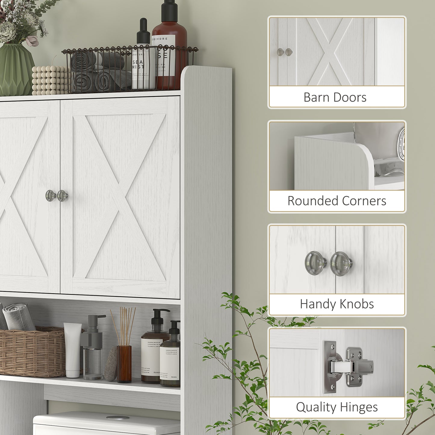 HOMCOM Farmhouse Over the Toilet Cabinet with Barn Doors, Over the Toilet Storage Cabinet with Adjustable Shelf, White