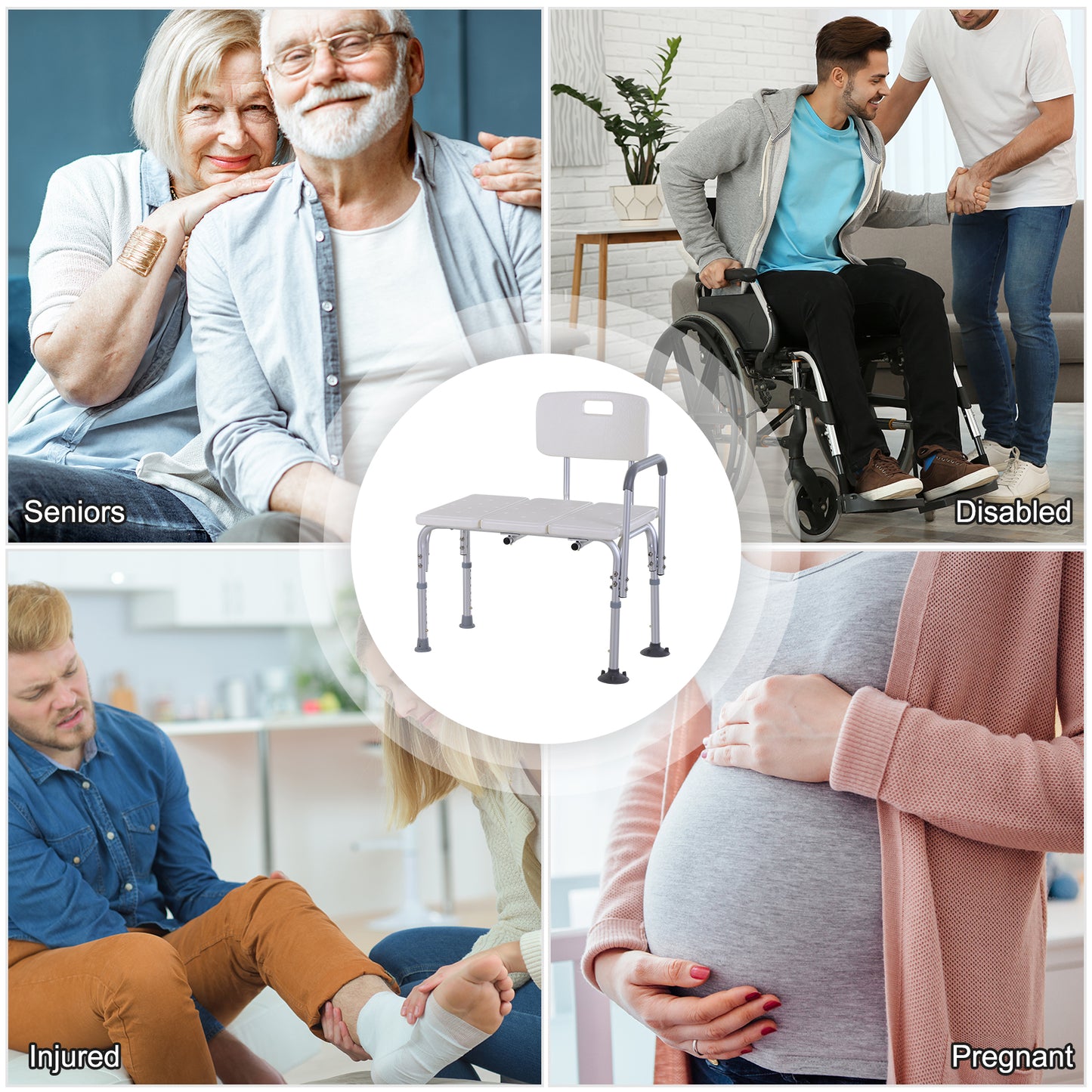 HOMCOM Bath Chair with Back, Adjustable Height Non-slip Shower Stool Bench Tool-Free Assembly Bathroom Aids, White