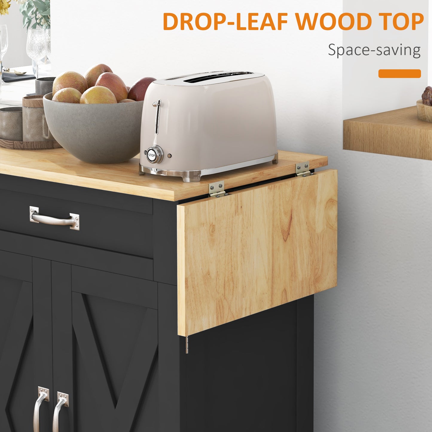 HOMCOM Foldable Kitchen Island with Storage Drawer, Farmhouse Style Rolling Utility Cart, Coffee Bar Cabinet on Wheels with Drop-Leaf Wood Top, White
