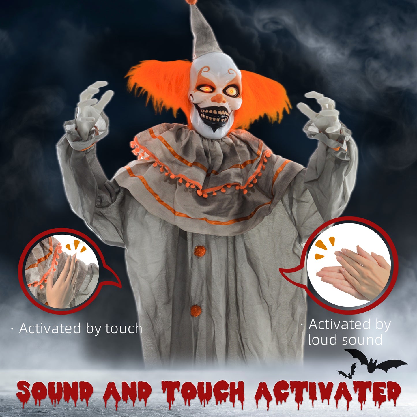 Outsunny 5.6' Life Size Clown Outdoor Halloween Decoration Animatronic, Animated Prop w/ Light Up Eyes