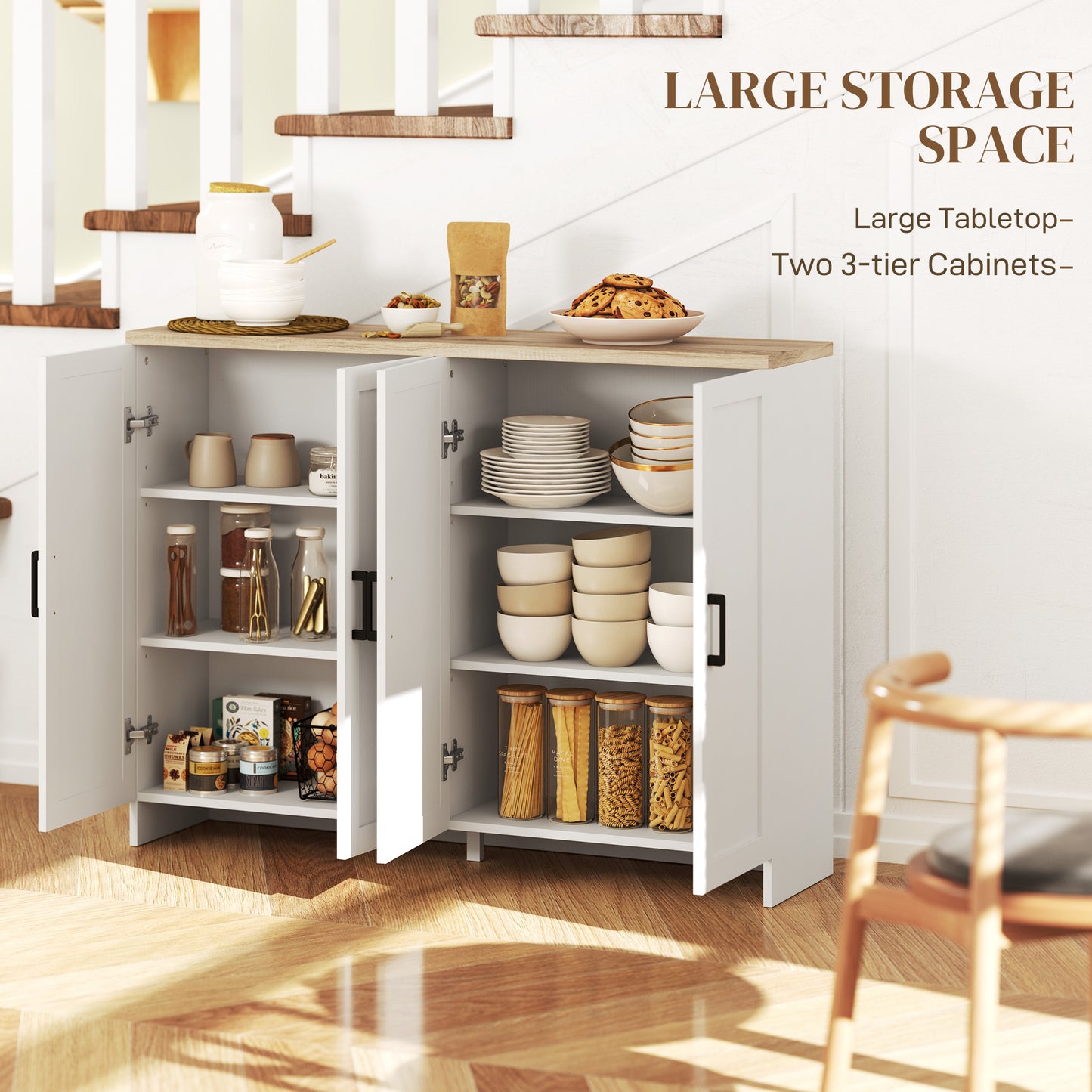 HOMCOM Modern Sideboard Buffet Cabinet, Modern Kitchen Storage Cabinet with 3 Doors Adjustable Shelves, for Dining Room, White