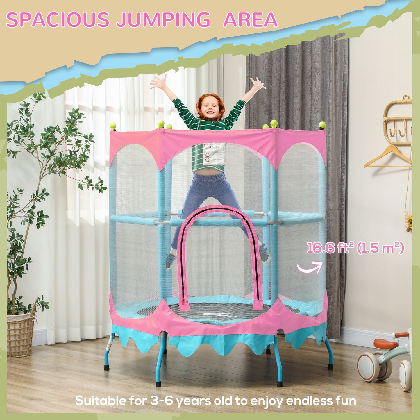 Qaba Trampoline for Kids, 4.6FT Mini Toddler Trampoline Indoor Outdoor with Handlebar, Safety Enclosure Net, Blue