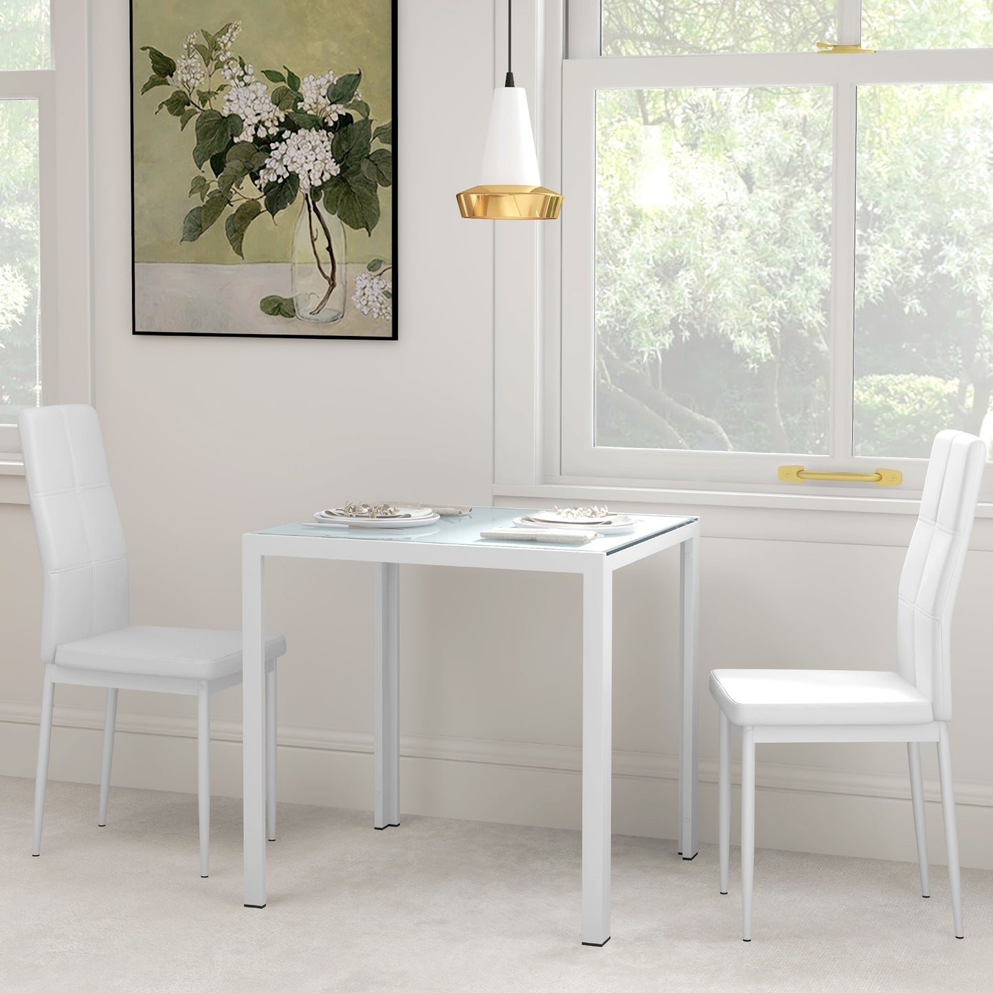 HOMCOM 5-Piece Rectangular Glass Kitchen Table and Chairs with Metal Frame and Faux Leather Upholstery for Dining Room, White