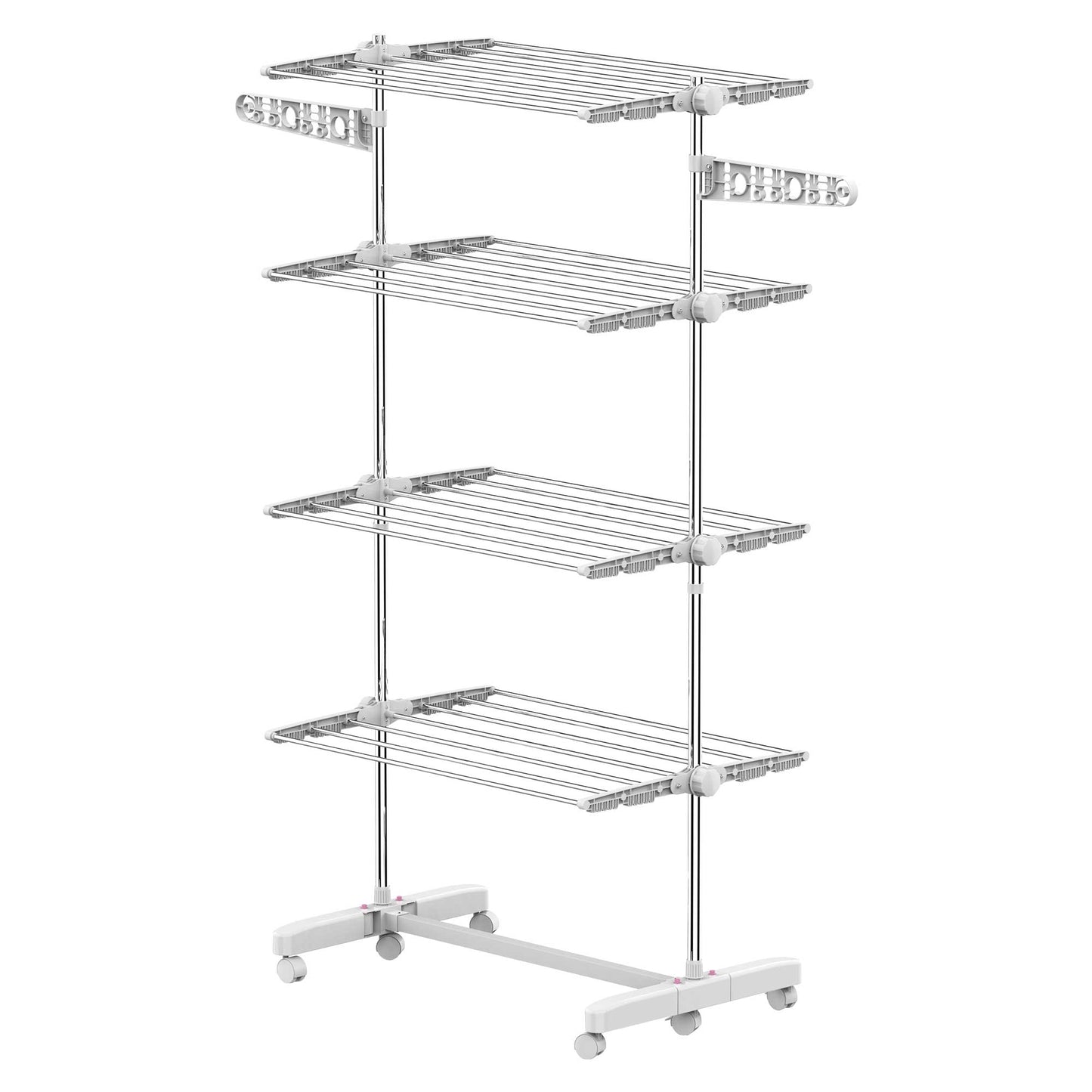 HOMCOM 3-Tier Foldable Clothes Drying Rack, Stainless Steel Laundry Rack with 2 Side Wings and 6 Castors, Collapsible Adjustable Clothes Airer for Indoor Outdoor, White