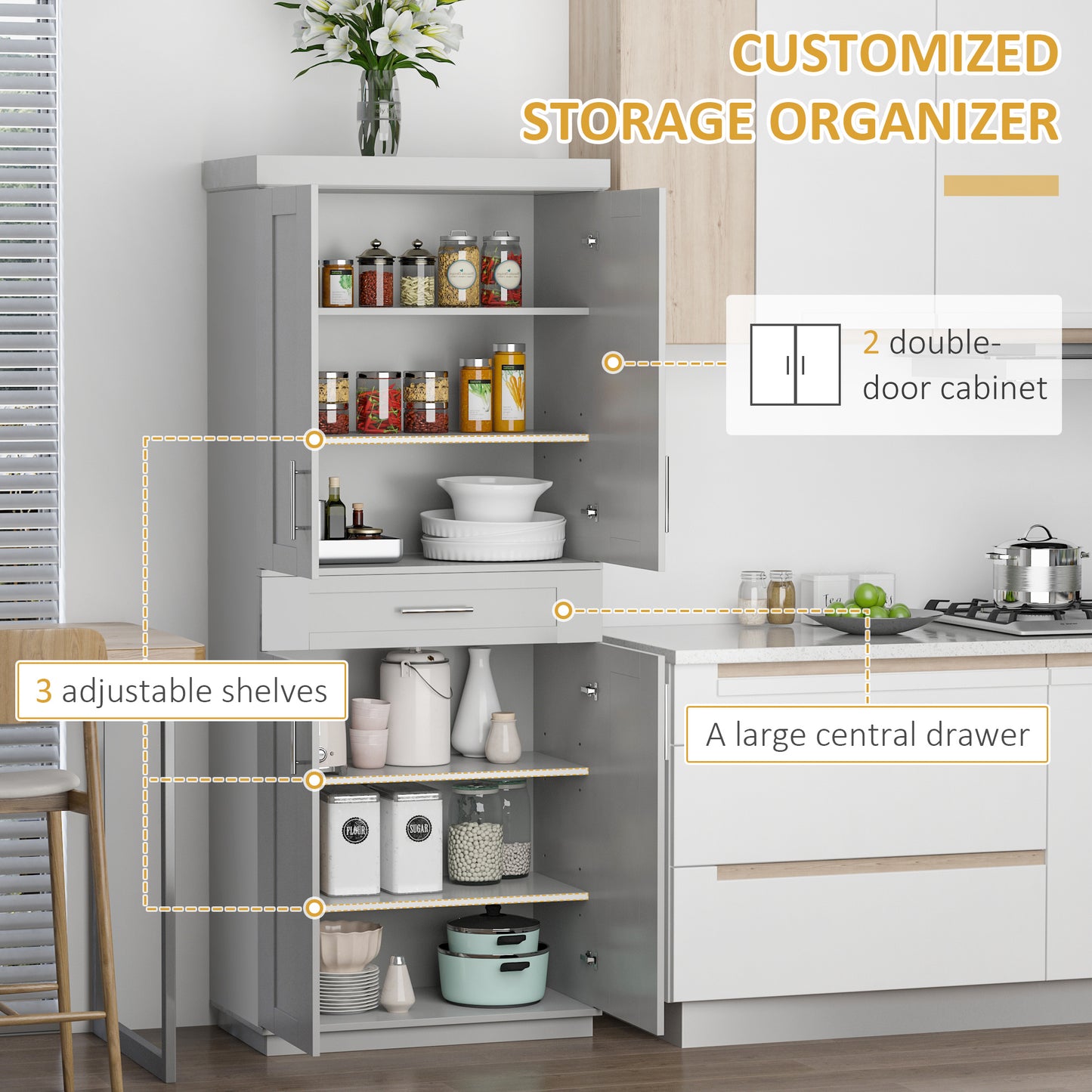 HOMCOM 72" Storage Cabinet, Freestanding Kitchen Pantry Cabinet with 4 Doors, Drawer and 3 Adjustable Shelves, White
