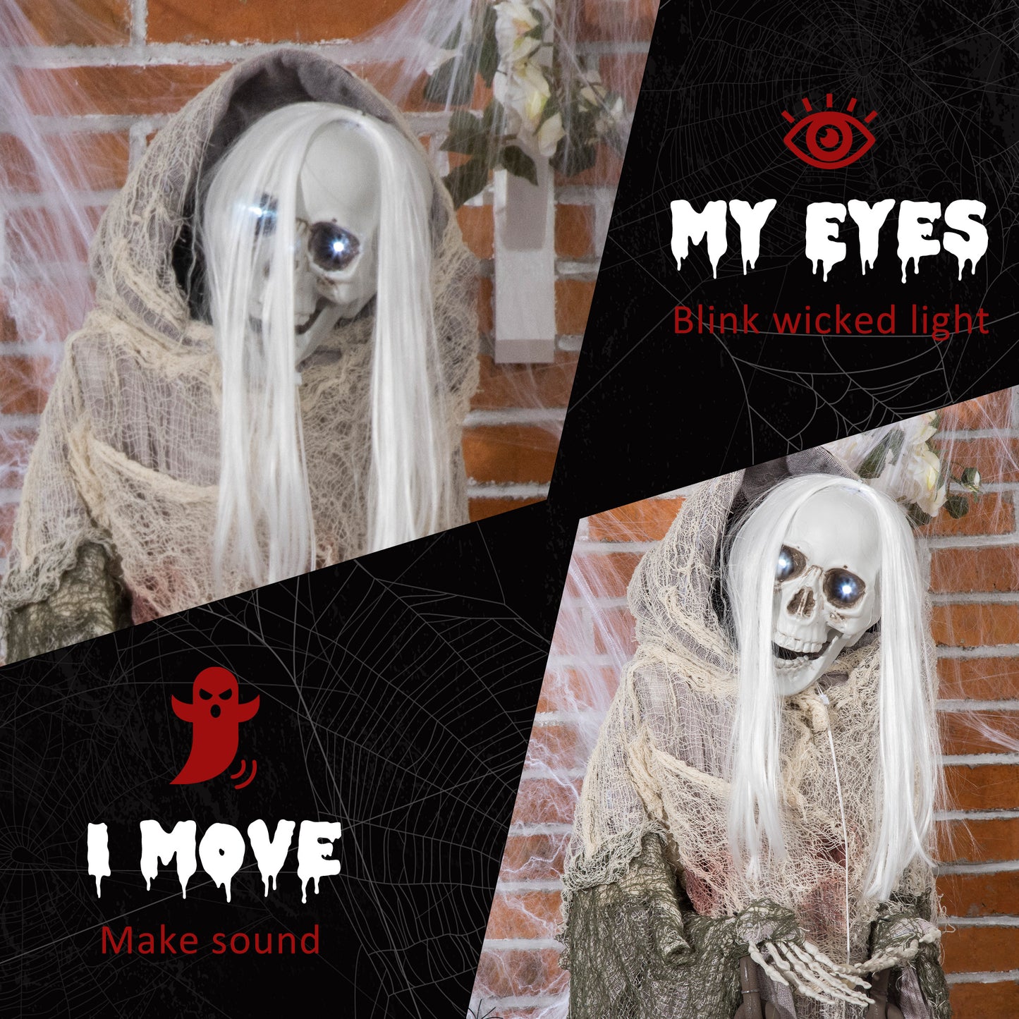 Outsunny 6ft Life Size Outdoor Halloween Decoration Skeleton Witch, Animated Prop with Light Up Eyes, Spooky Sound