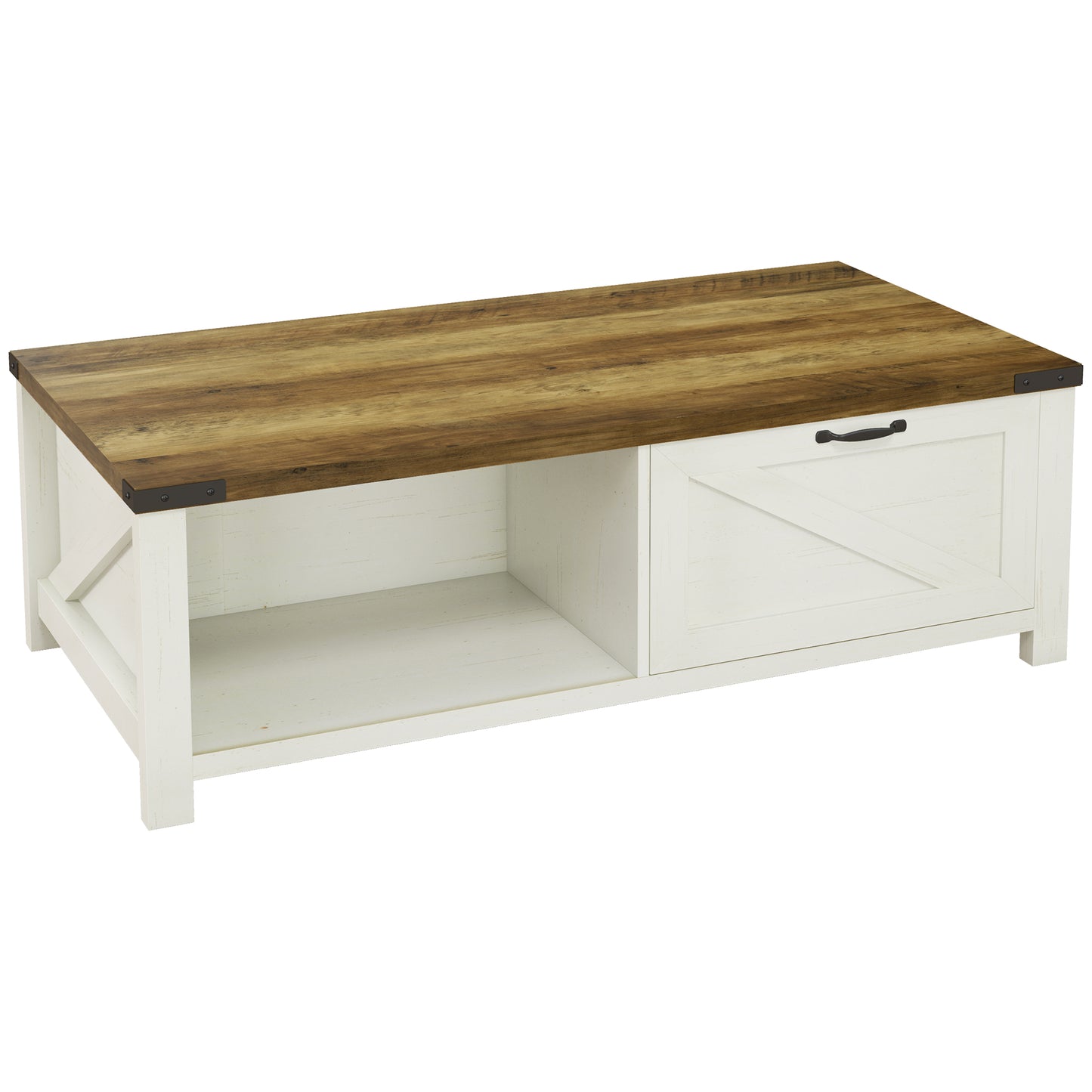 HOMCOM Industrial Coffee Table Side End Table with Drawer, Open Storage Shelf, Modern Farmhouse Furniture, for Living Room, Dining Room, Office, White Oak