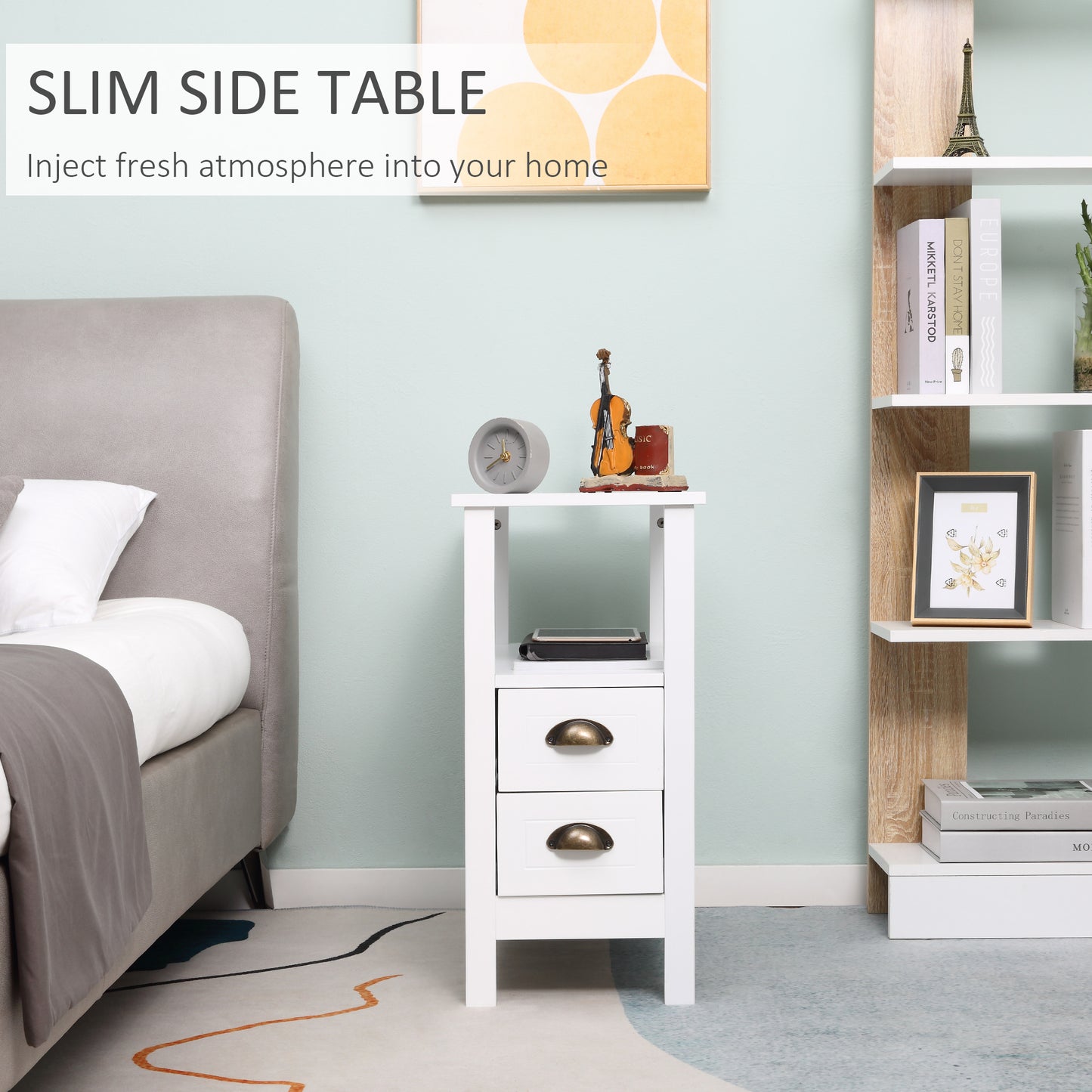 HOMCOM Slim End Table with 2 Drawers and Storage Shelf, Sofa Side Table for Living Room, Narrow Nightstand, White
