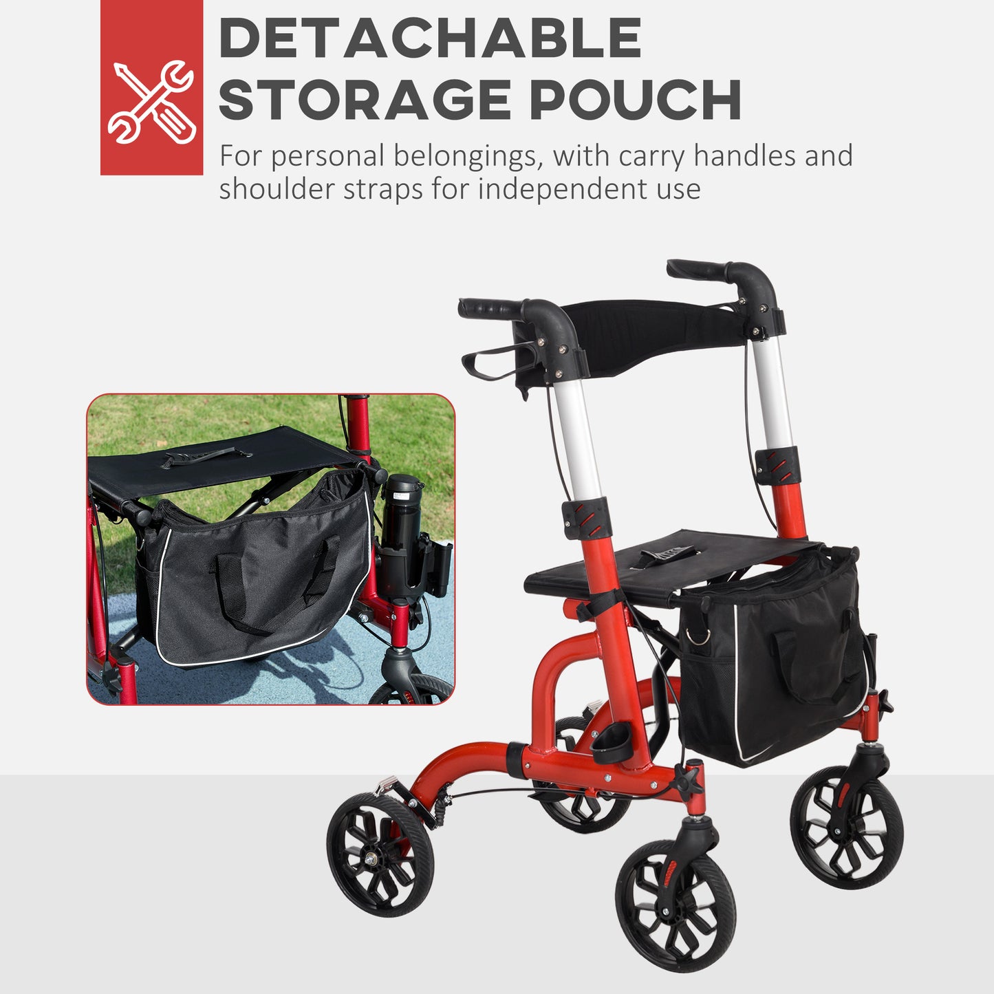 HOMCOM Rollator Walker for Seniors and Adults with 8'' Wheels, Padded Seat and Backrest, Storage Bag Blue
