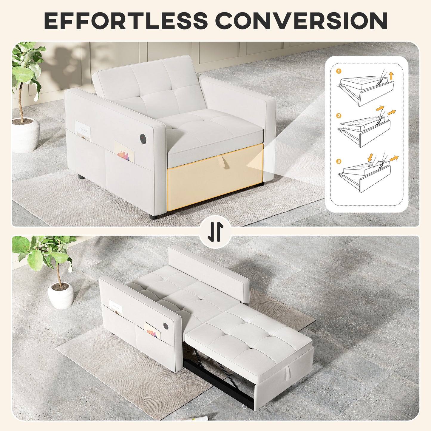 HOMCOM Convertible Chair Bed, Pull Out Sleeper Chair with USB, Adjustable Backrest, Small Velvet Futon Sofa Bed, Grey