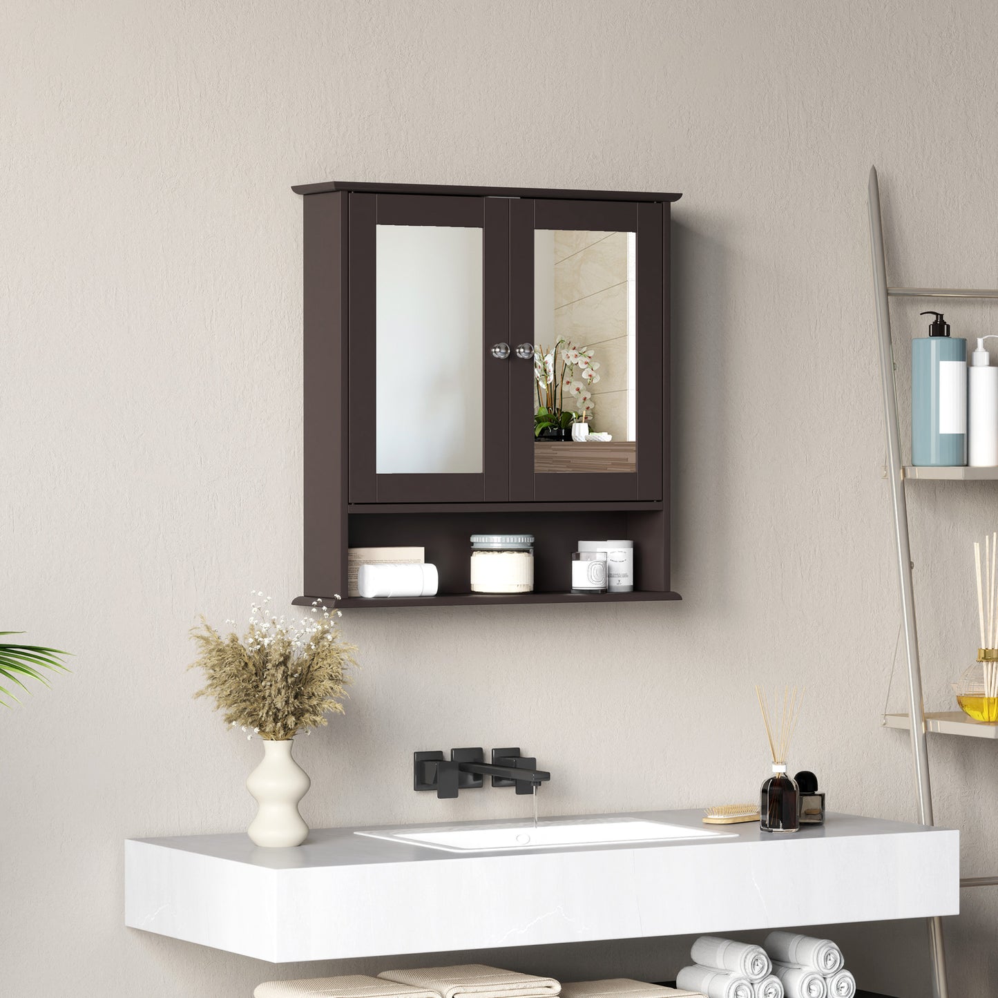 kleankin Medicine Cabinet, Wall-Mounted Bathroom Mirror Cabinet with Double Doors, Open Shelf, and Adjustable Shelf, Modern Bathroom Wall Cabinet, White