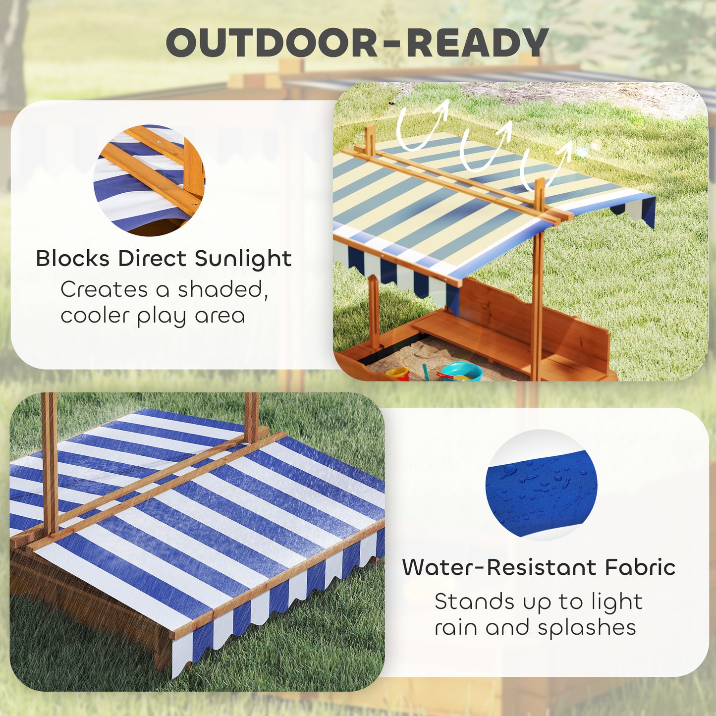 Outsunny Kids Wooden Sandbox Outdoor Backyard Playset Children Play Station w/ Adjustable Canopy & Convertible Bench Sand for 3-7 Years Old