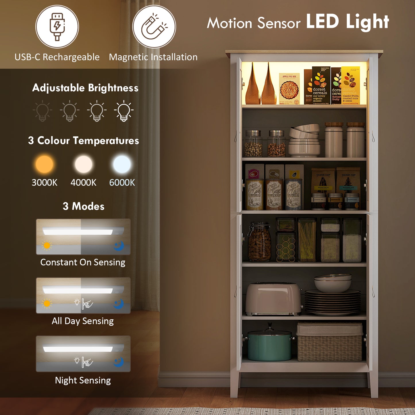 HOMCOM 69.5" Tall Kitchen Pantry Storage Cabinet with Motion Sensor LED Light, Modern Kitchen Pantry Cabinet, Green