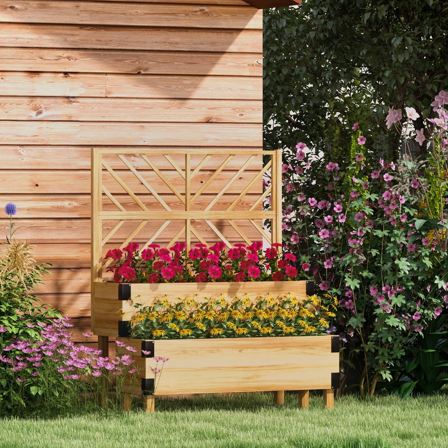 Outsunny Raised Garden Bed with Trellis, 2 Tier Wooden Elevated Planter Box for Vegetables, Flowers, Herbs, Grey