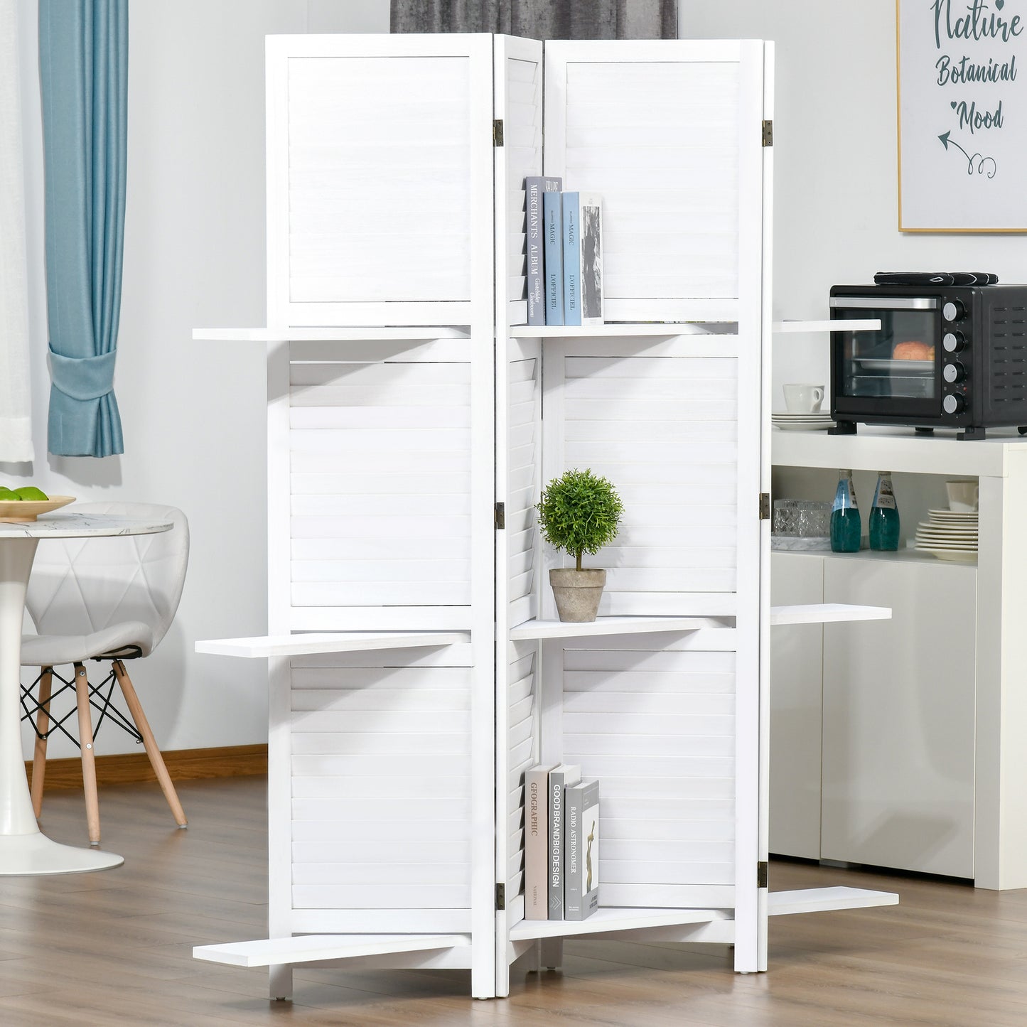HOMCOM 4-Panel Wall Partition Room Separator with 3 Storage Shelves Foldable Design Wooden Frame 5.6FT White