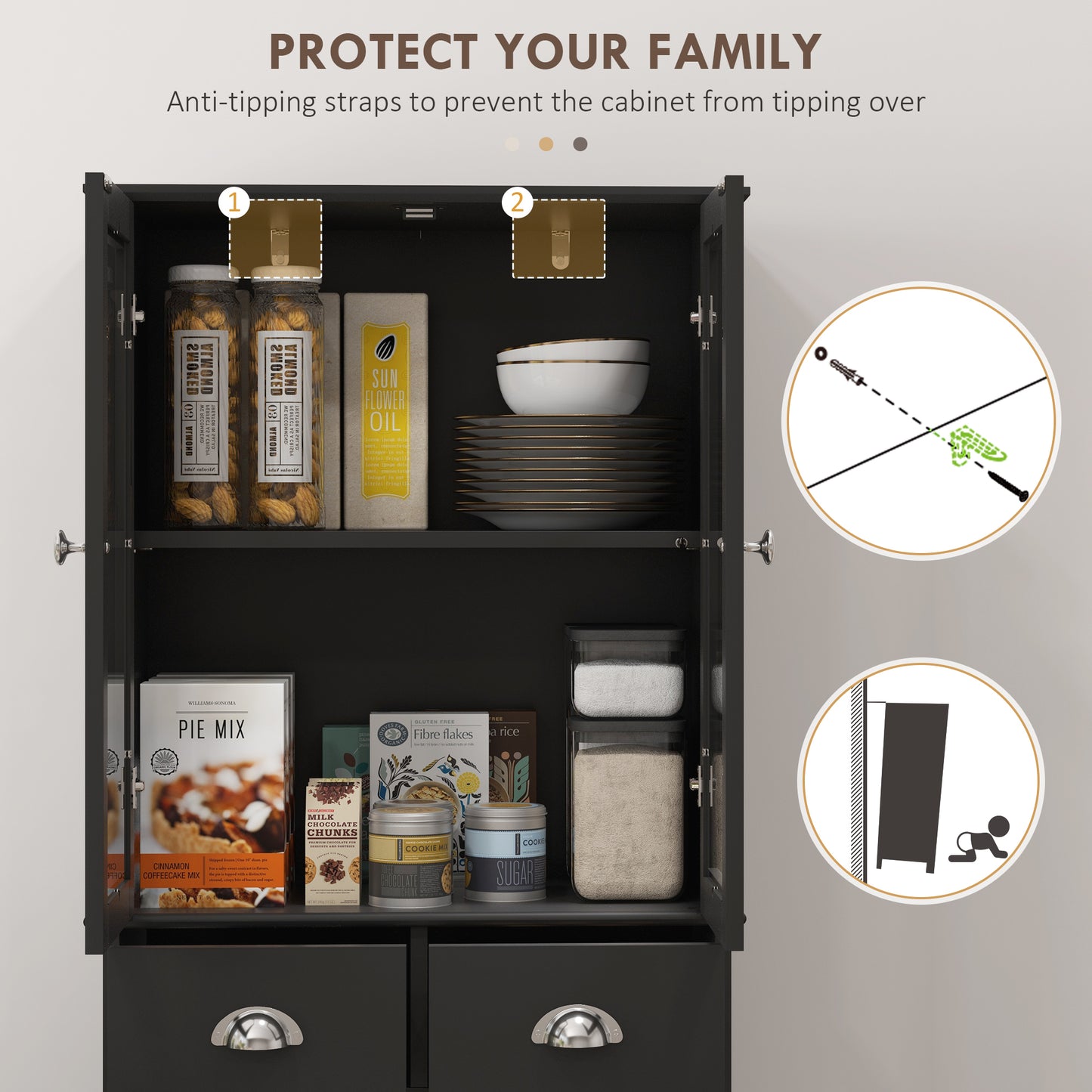 HOMCOM 61" Kitchen Pantry Cabinet, Freestanding Farmhouse Buffet Storage Cabinet with Soft Close Glass Doors and Adjustable Shelves, White