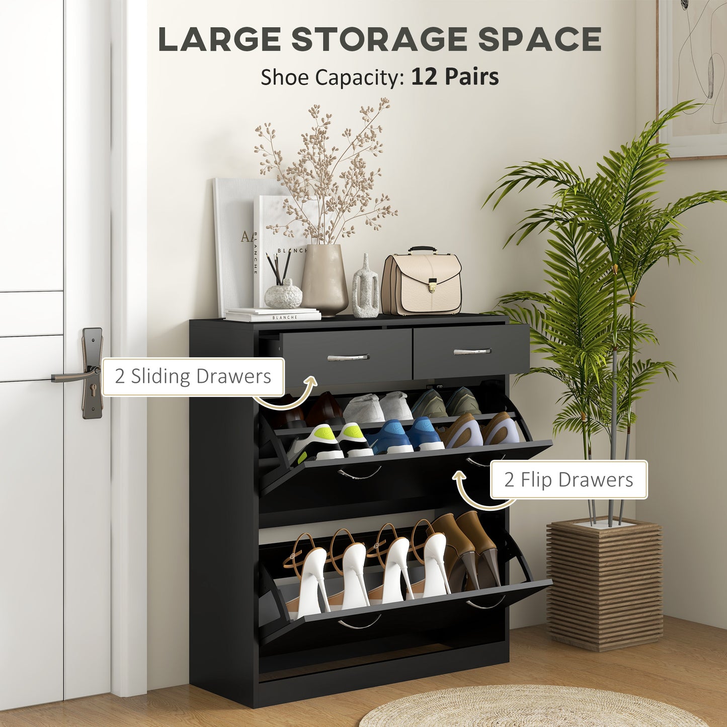 HOMCOM Narrow Shoe Storage with 2 Flip Drawers and Adjustable Shelves Shoe Cabinet Organizer for 12 Pairs of Shoes, White