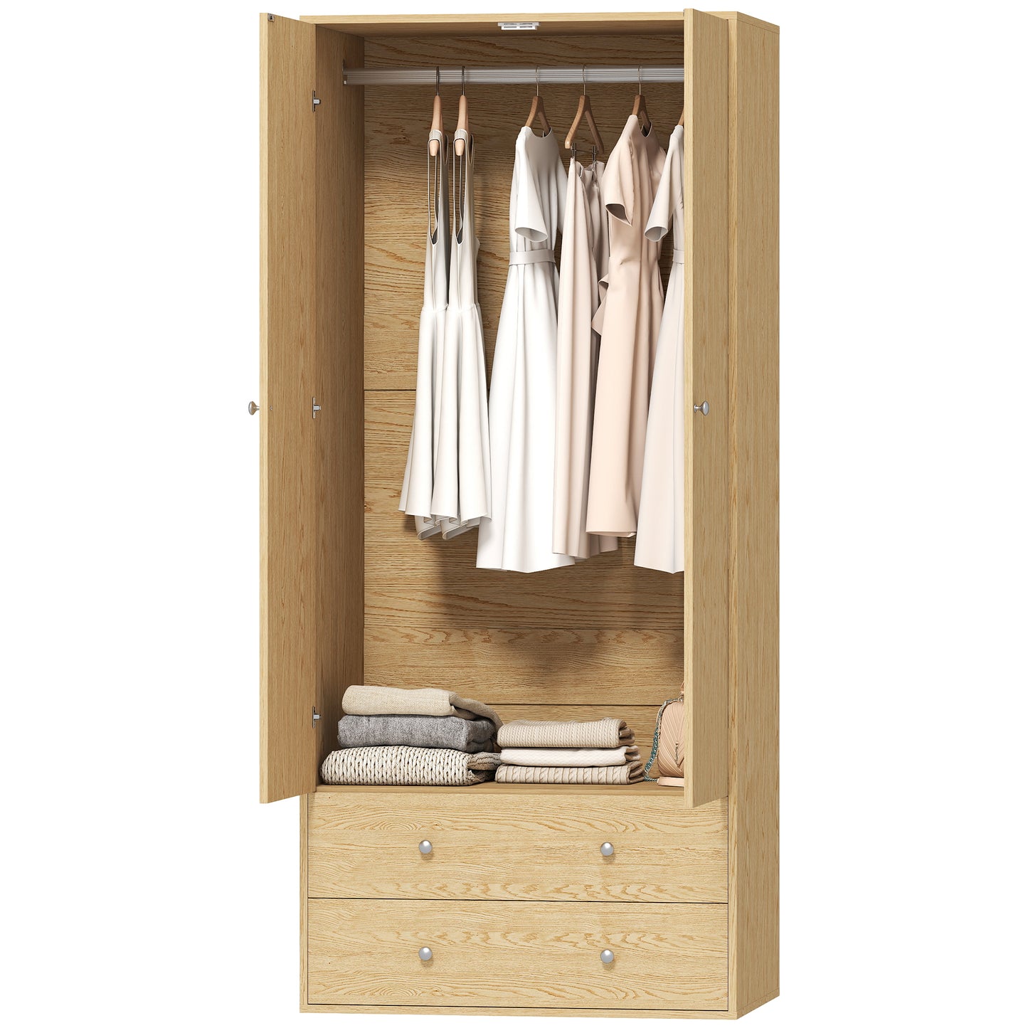 HOMCOM Modern Wardrobe Closet Armoire with 2 Drawers and Hanging Rod, Clothes Storage Organizer for Bedroom, Natural Wood
