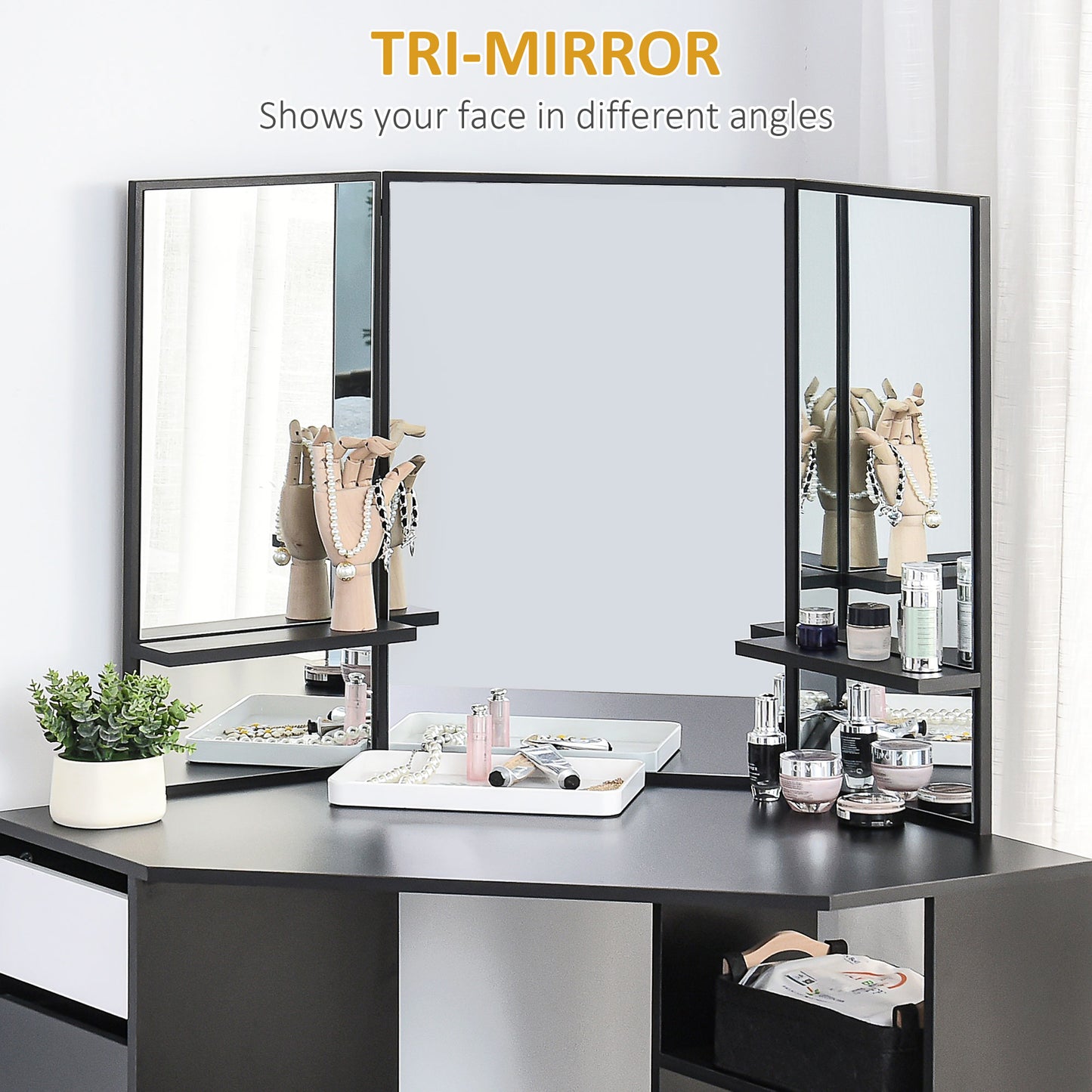 HOMCOM Corner Vanity Desk with Mirror, Makeup Vanity Table with 5 Drawers and Open Shelves, Dressing Table with 3-piece Mirror for Bedroom, Black