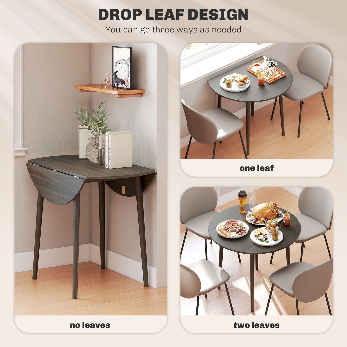 HOMCOM Folding Dining Table, Round Drop Leaf Kitchen Table for Small Spaces with Wood Legs, Distressed Grey