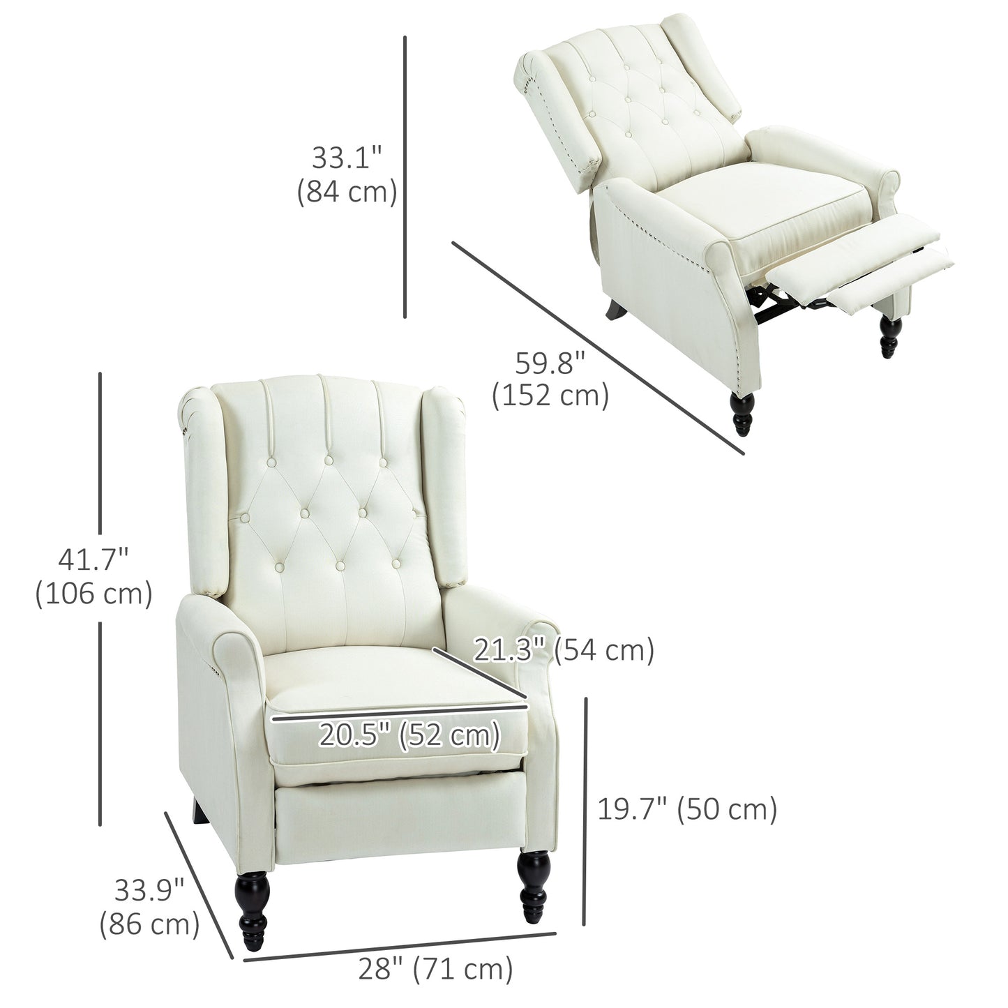 HOMCOM Wingback Reclining Chair with Footrest, Button Tufted Recliner Chair with Rolled Armrests for Living Room, Light Grey
