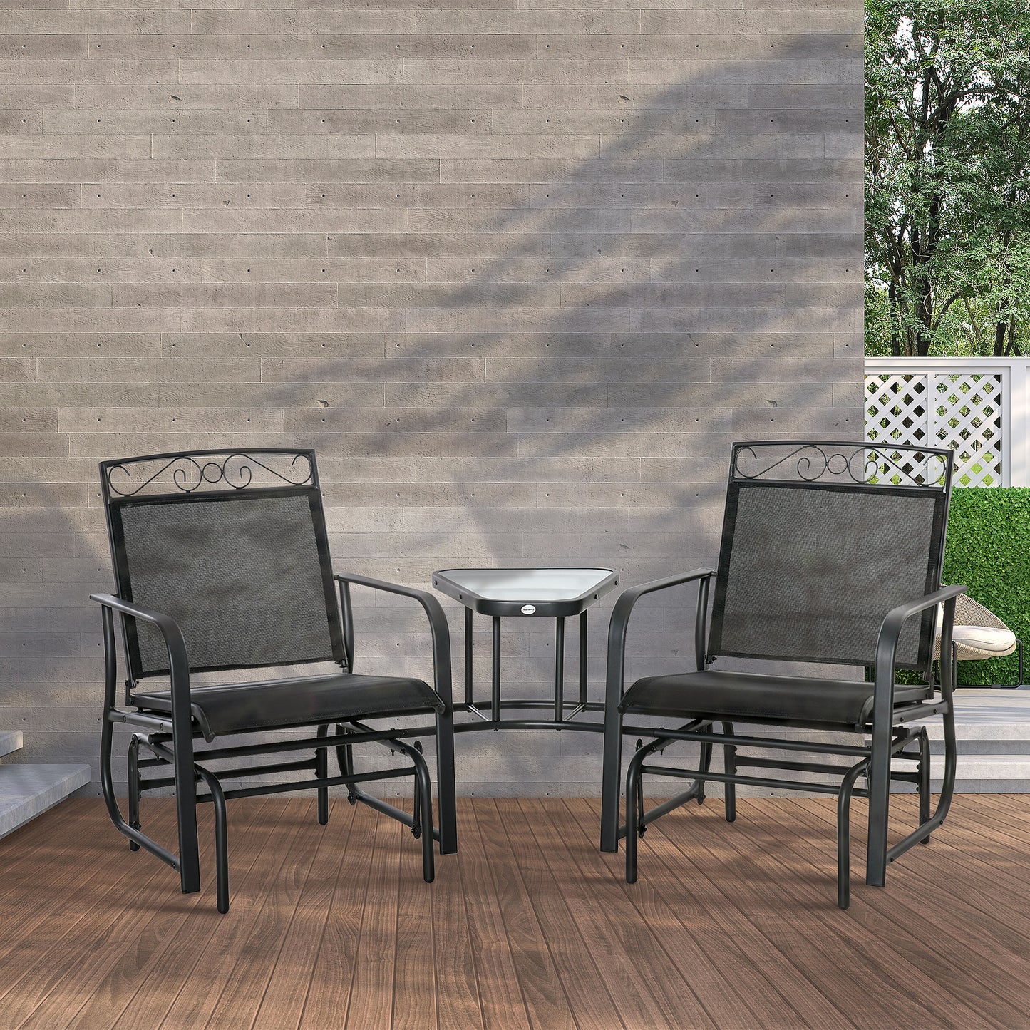 Outsunny Outdoor Glider Bench with Coffee Table, Patio 2-Seat Rocking Chair Swing Loveseat with Breathable Sling for Backyard Garden Porch, Black