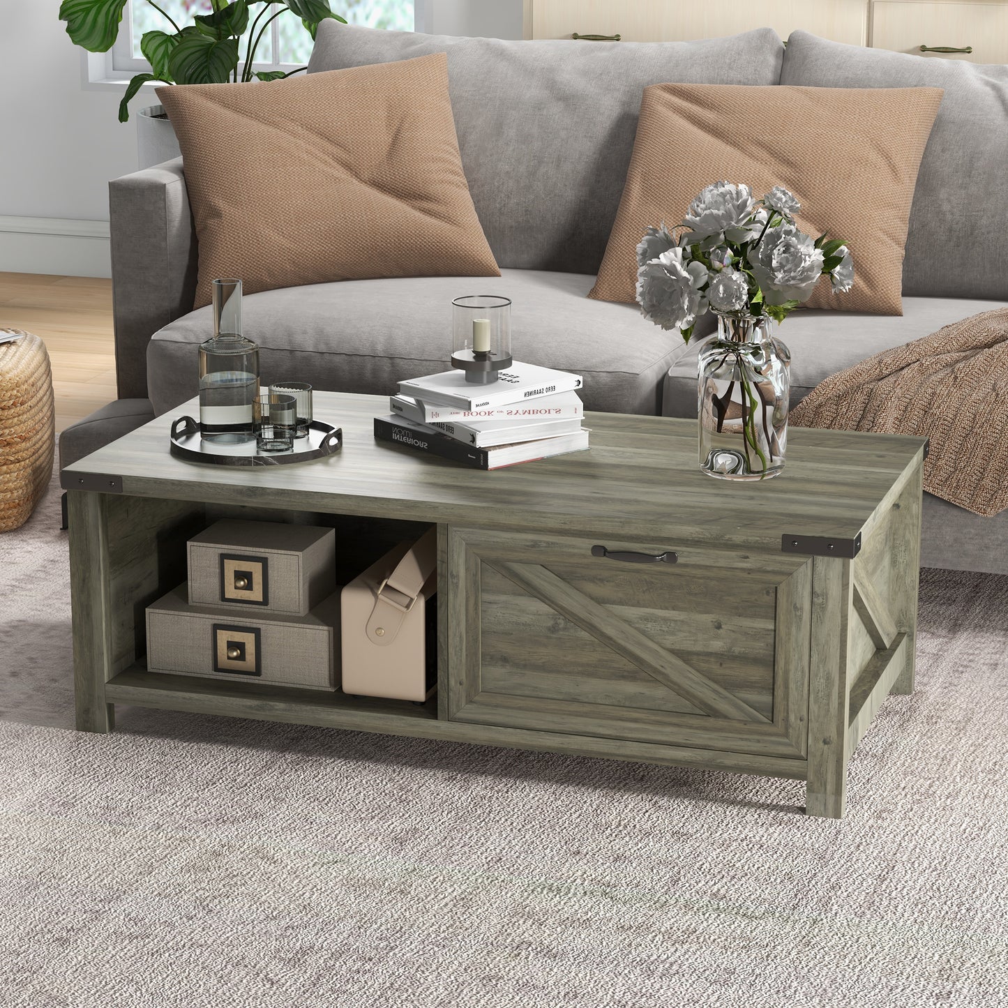 HOMCOM Industrial Coffee Table Side End Table with Drawer, Open Storage Shelf, Modern Farmhouse Furniture, for Living Room, Dining Room, Office, White Oak