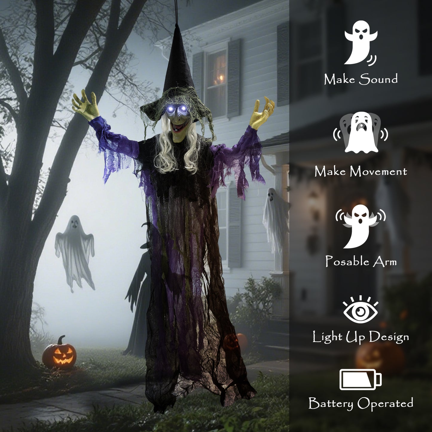 Outsunny Life Size Halloween Animated Hanging Witch with Glowing LED Eyes, Scary Halloween Decorations, Battery Operated