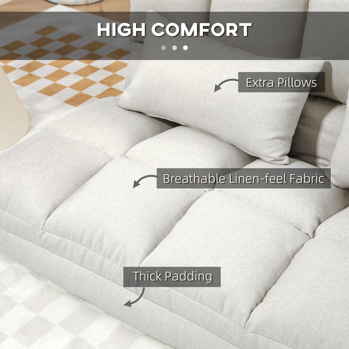 HOMCOM 51" Folding Floor Sofa, Foldable 2-Seater Lazy Sofa Sleeper Bed, Adjustable Linen Floor Couch with 9-position Backrest, 2 Pillows and Wide Seat for Living Room, Grey